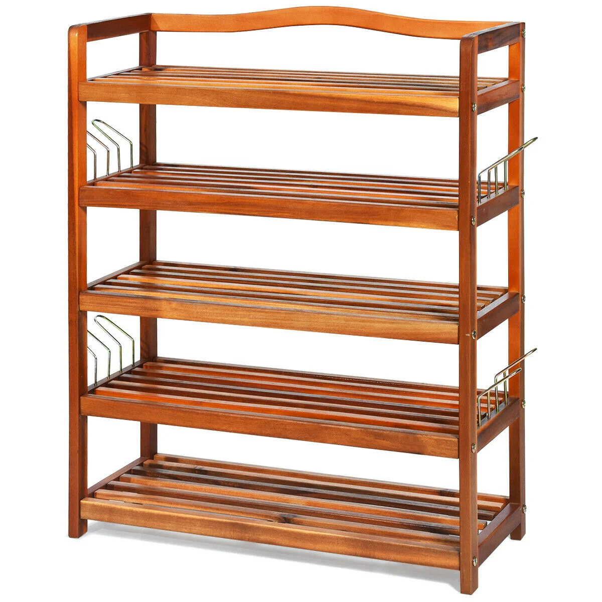 5-Tier Acacia Wood Shoe Rack With Side Metal Hooks, Natural - Image 5
