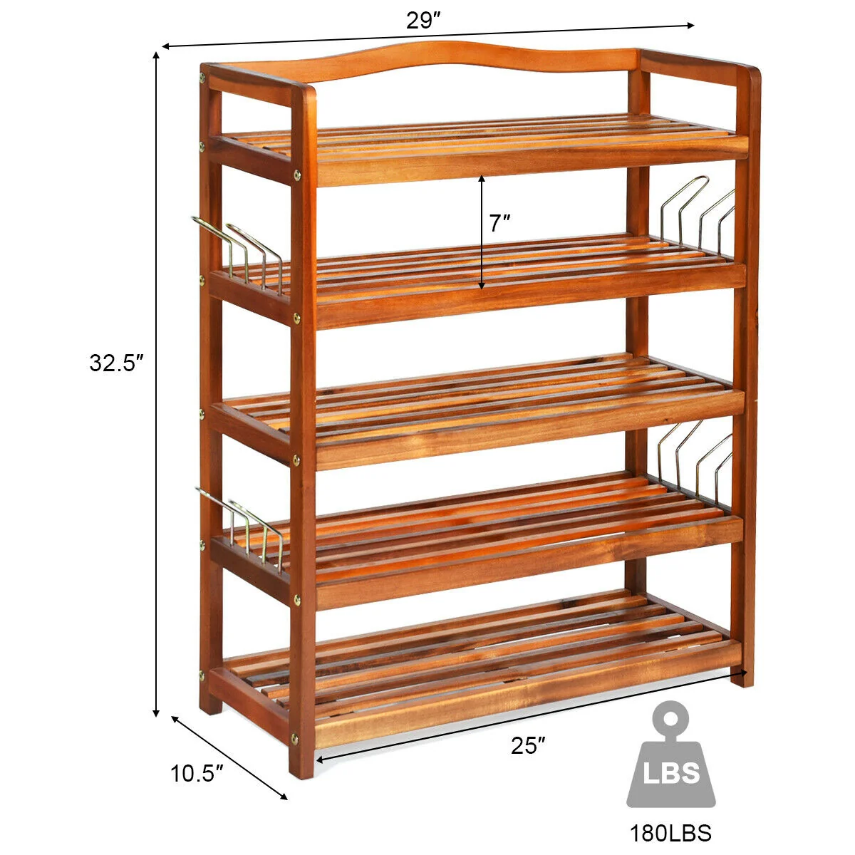 5-Tier Acacia Wood Shoe Rack With Side Metal Hooks, Natural - Image 6