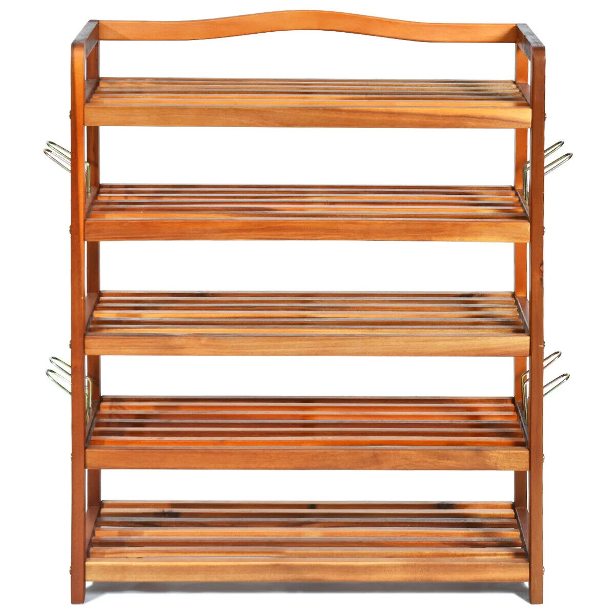 5-Tier Acacia Wood Shoe Rack With Side Metal Hooks, Natural - Image 7
