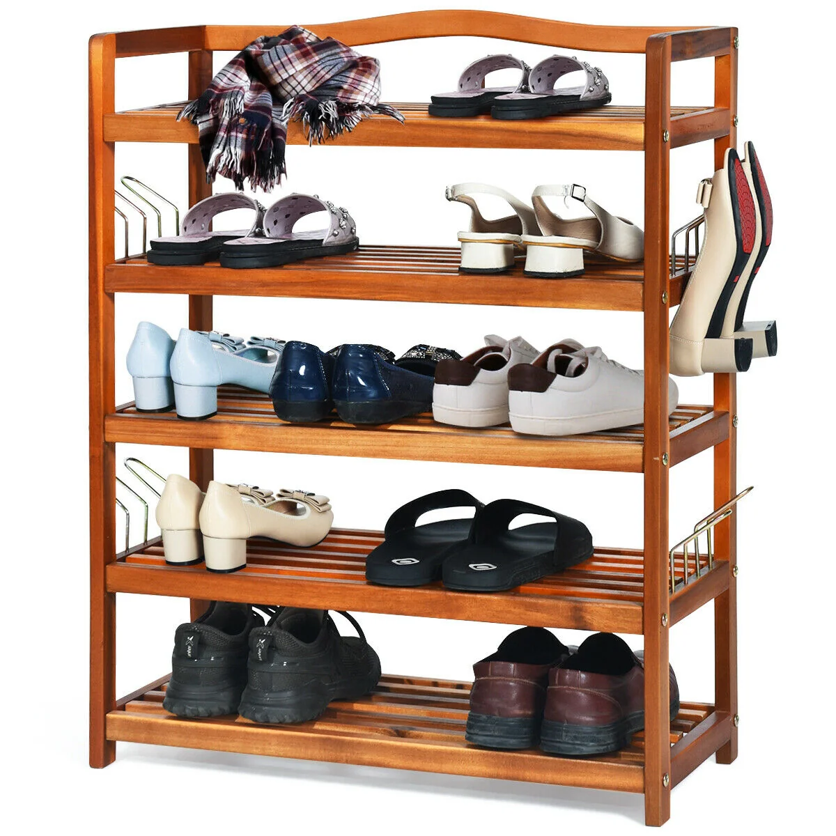 5-Tier Acacia Wood Shoe Rack With Side Metal Hooks, Natural - Image 8