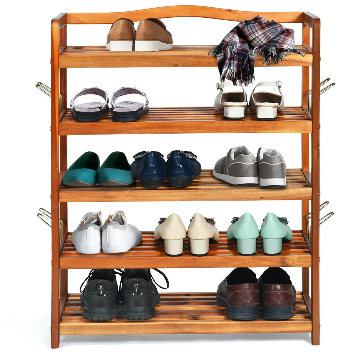 5-Tier Acacia Wood Shoe Rack With Side Metal Hooks, Natural - Image 9