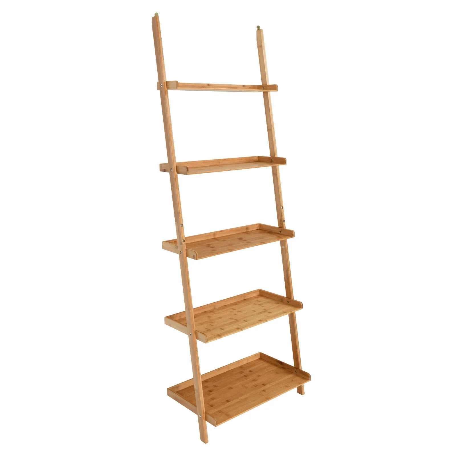 5-Tier Bamboo Ladder Shelf, Natural, Wall-Leaning Storage Display