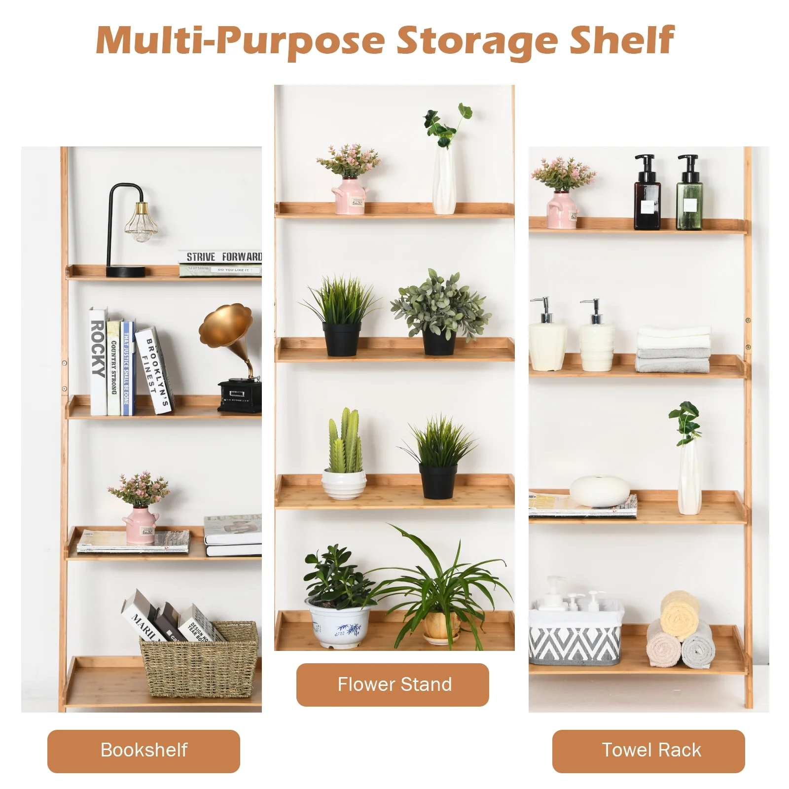 5-Tier Bamboo Ladder Shelf, Natural, Wall-Leaning Storage Display - Image 10