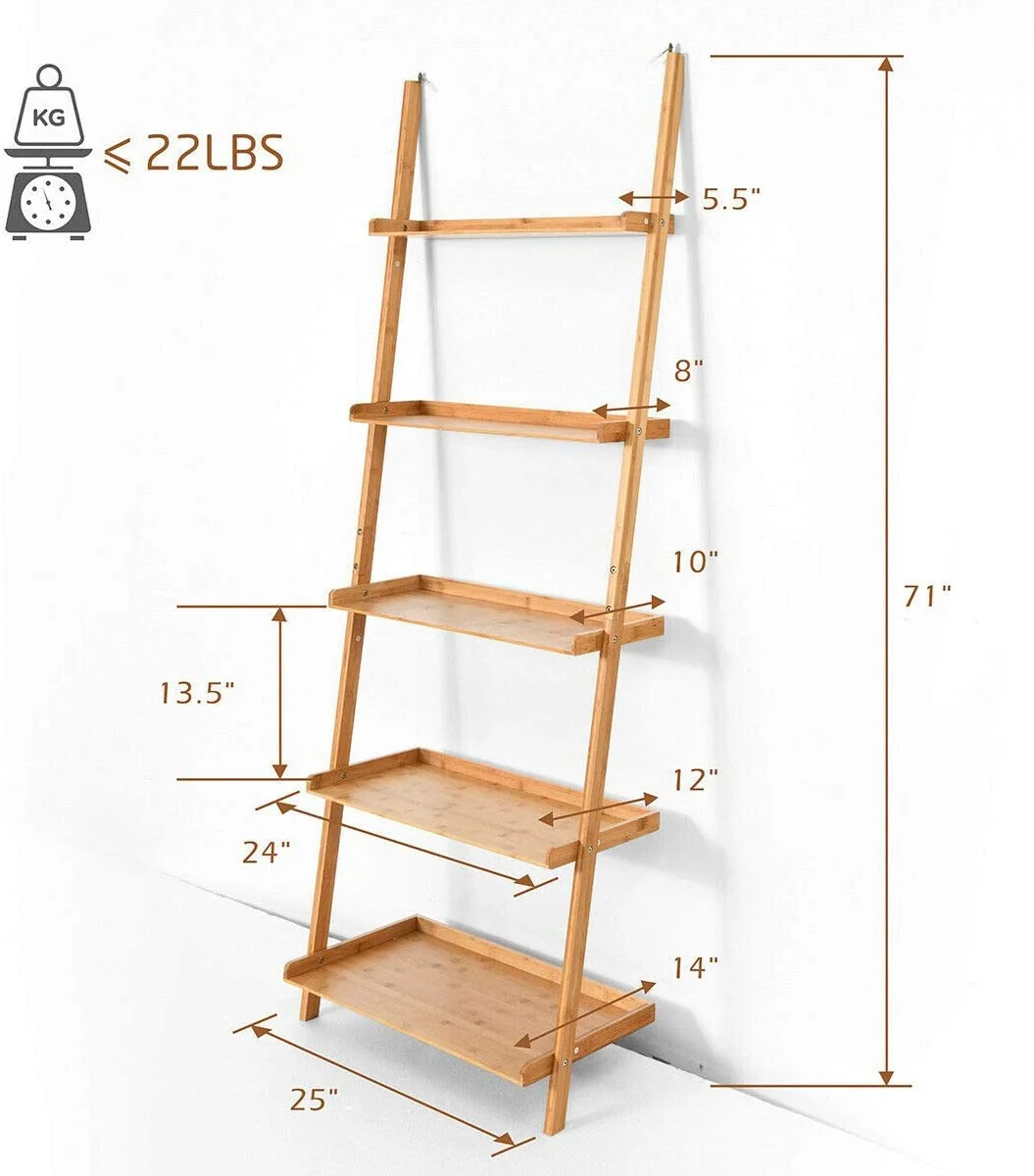 5-Tier Bamboo Ladder Shelf, Natural, Wall-Leaning Storage Display - Image 6