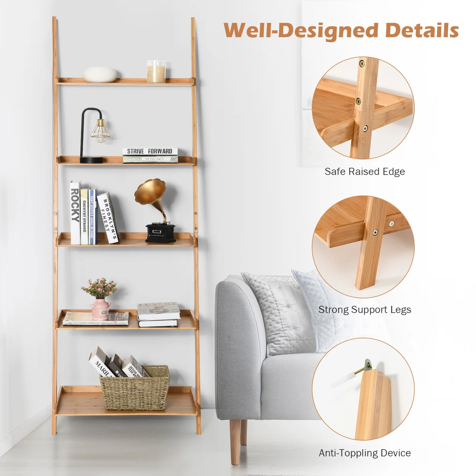5-Tier Bamboo Ladder Shelf, Natural, Wall-Leaning Storage Display - Image 8
