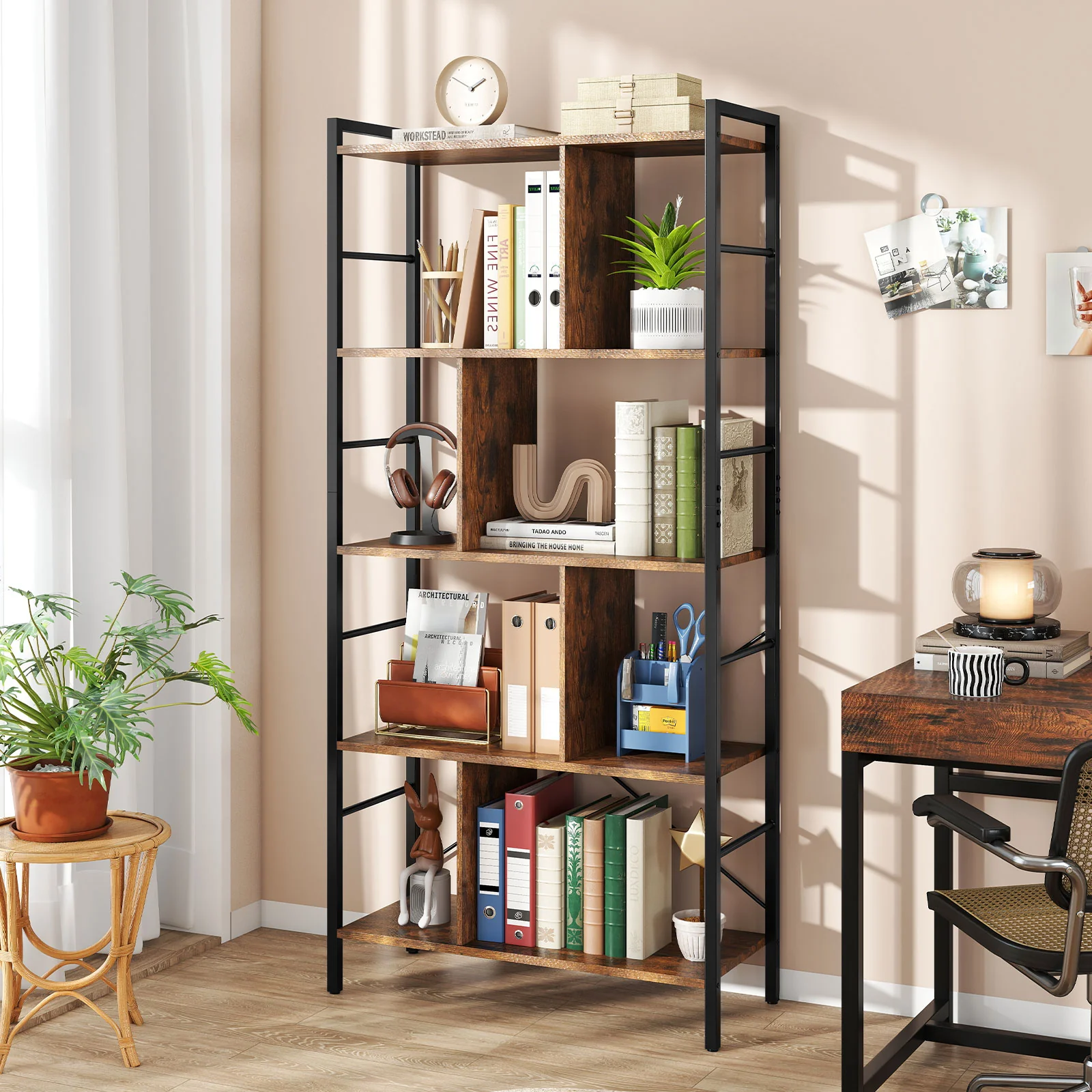 5-tier Bookcase 61 Inch Tall Industrial Bookshelf with Metal Frame - Image 3