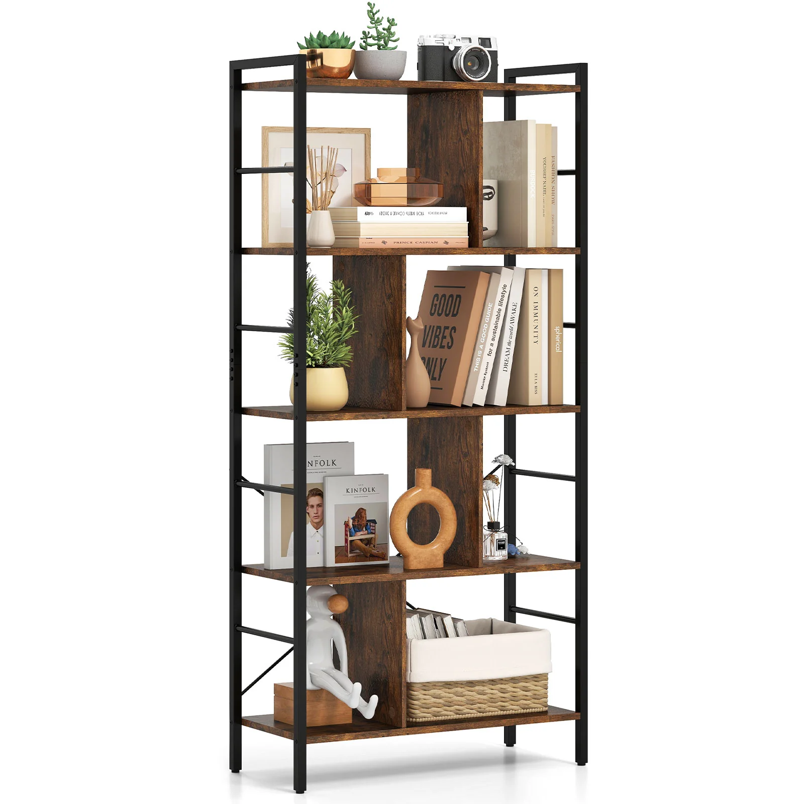 5-tier Bookcase 61 Inch Tall Industrial Bookshelf with Metal Frame - Image 4