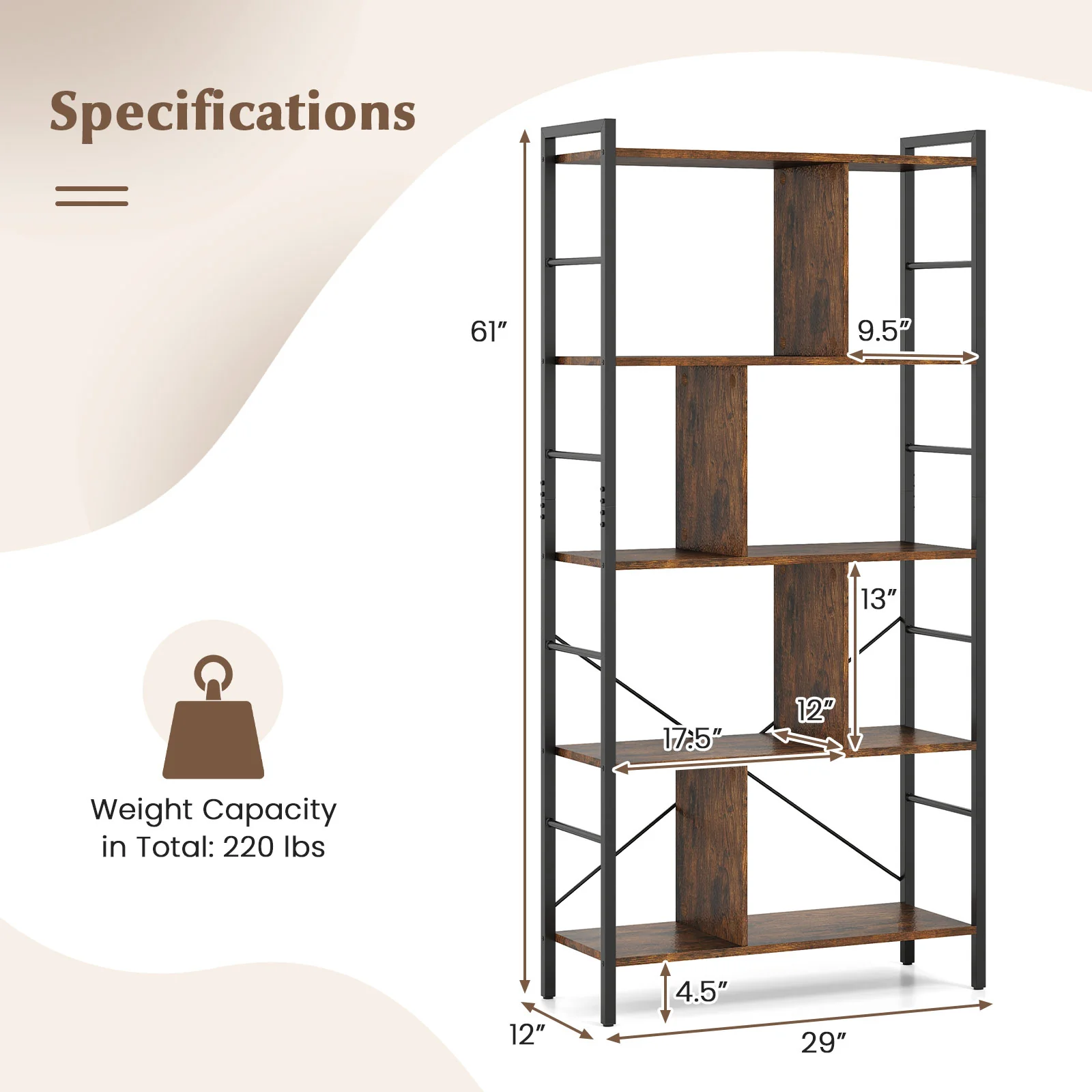 5-tier Bookcase 61 Inch Tall Industrial Bookshelf with Metal Frame - Image 5