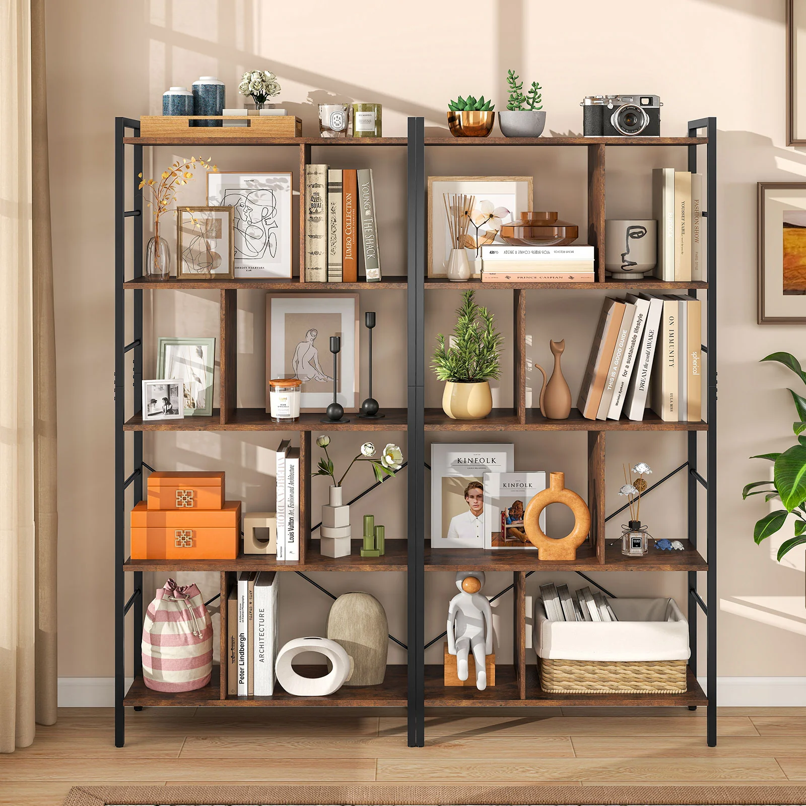 5-tier Bookcase 61 Inch Tall Industrial Bookshelf with Metal Frame - Image 6