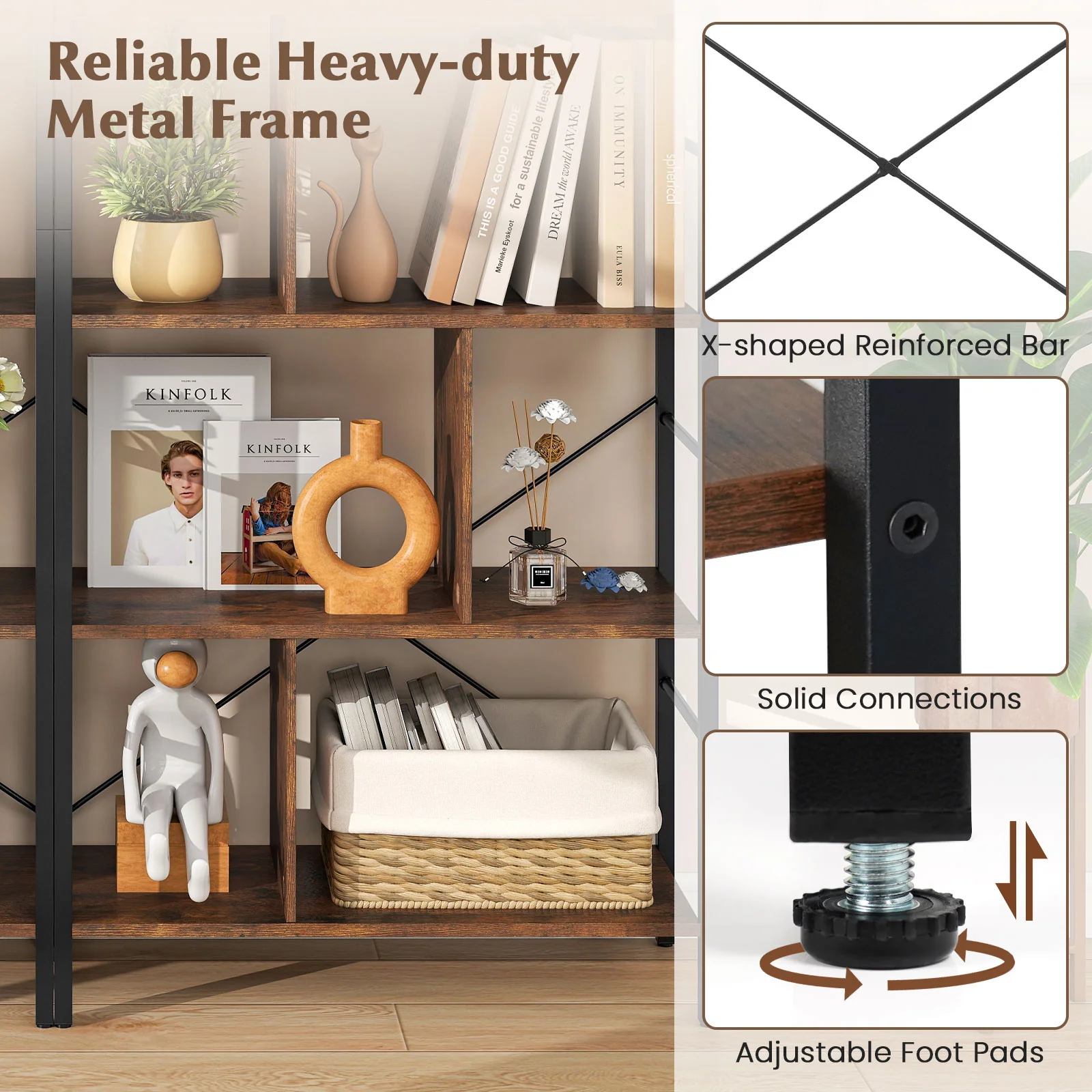5-tier Bookcase 61 Inch Tall Industrial Bookshelf with Metal Frame - Image 7