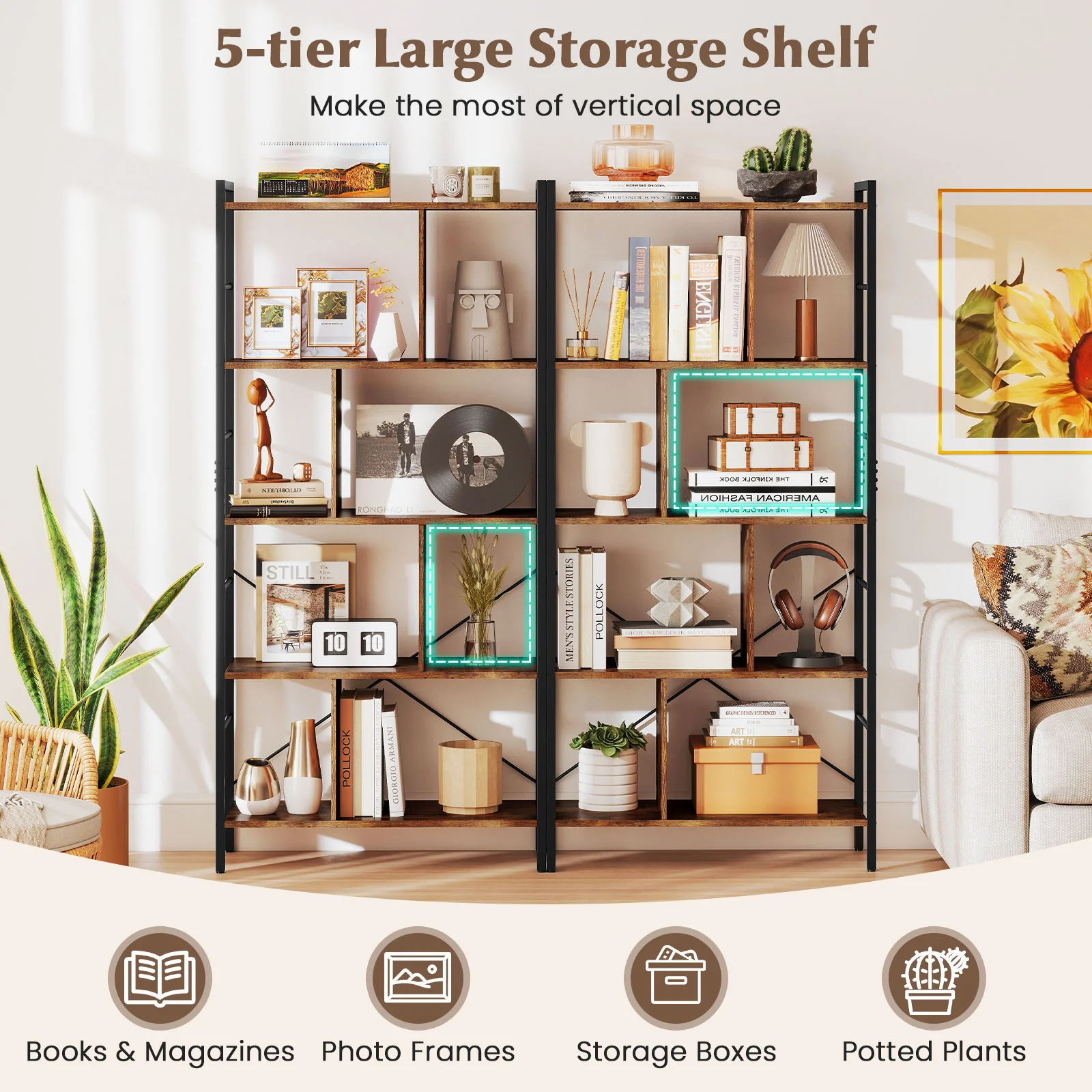 5-tier Bookcase 61 Inch Tall Industrial Bookshelf with Metal Frame - Image 8