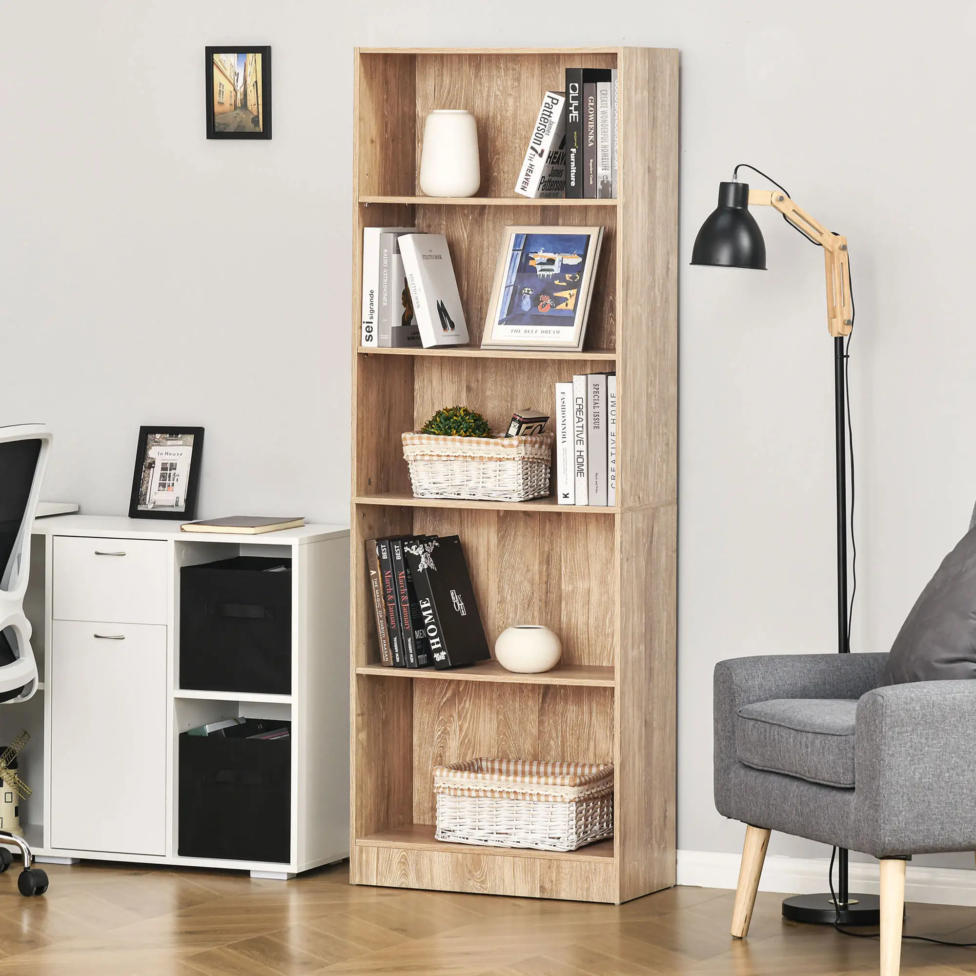 5-Tier Bookcase, Adjustable Shelves, Living Room, Home Office, Nature Wood - Image 2
