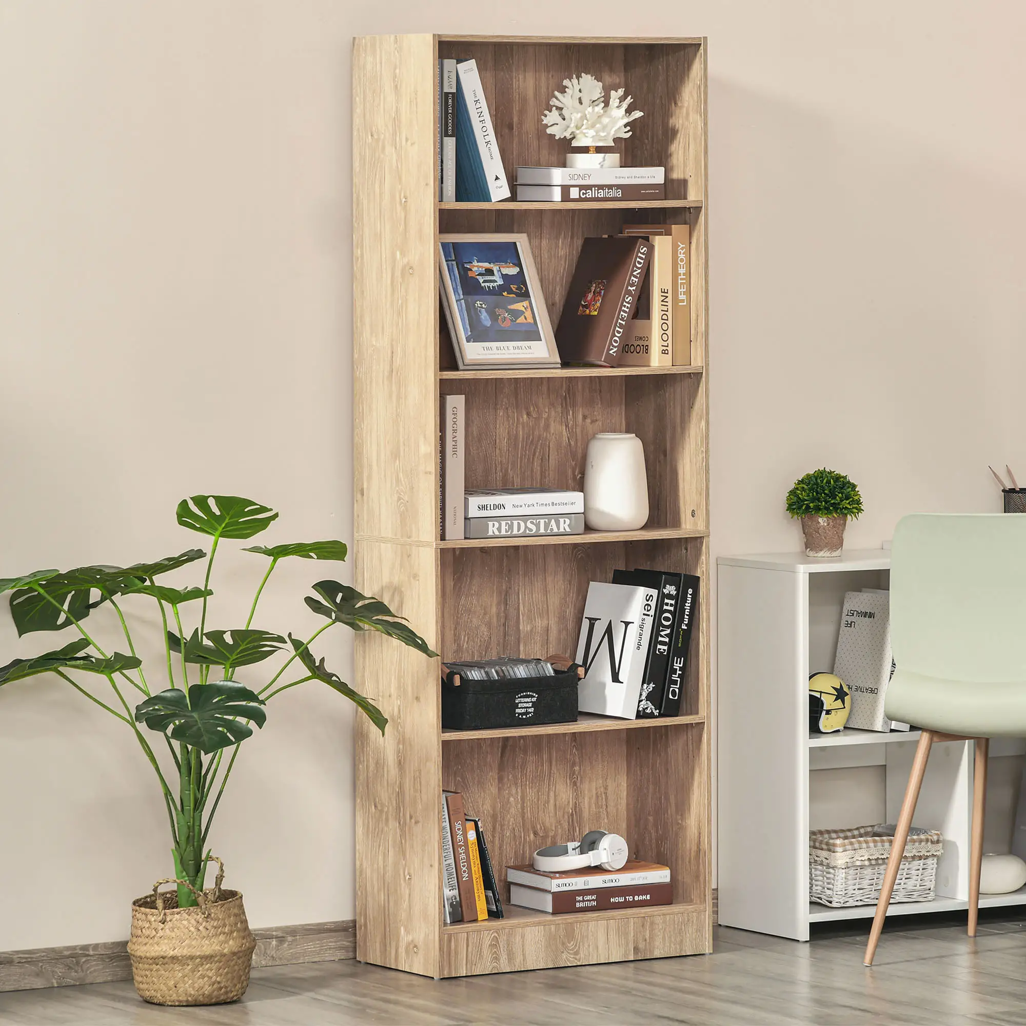 5-Tier Bookcase, Adjustable Shelves, Living Room, Home Office, Nature Wood - Image 8