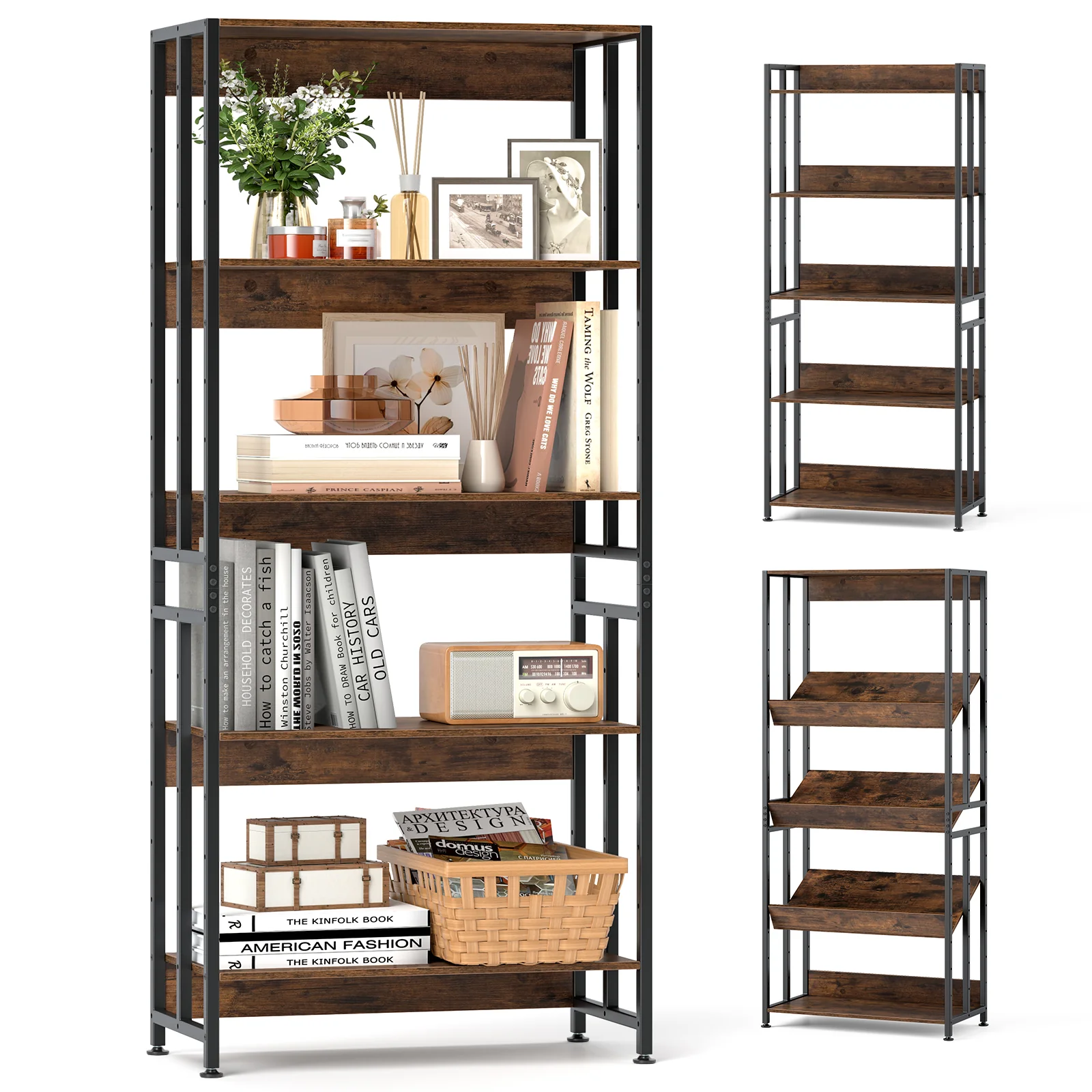 5-Tier Bookshelf, Adjustable Tiltable Shelves, Rustic Brown - Image 5