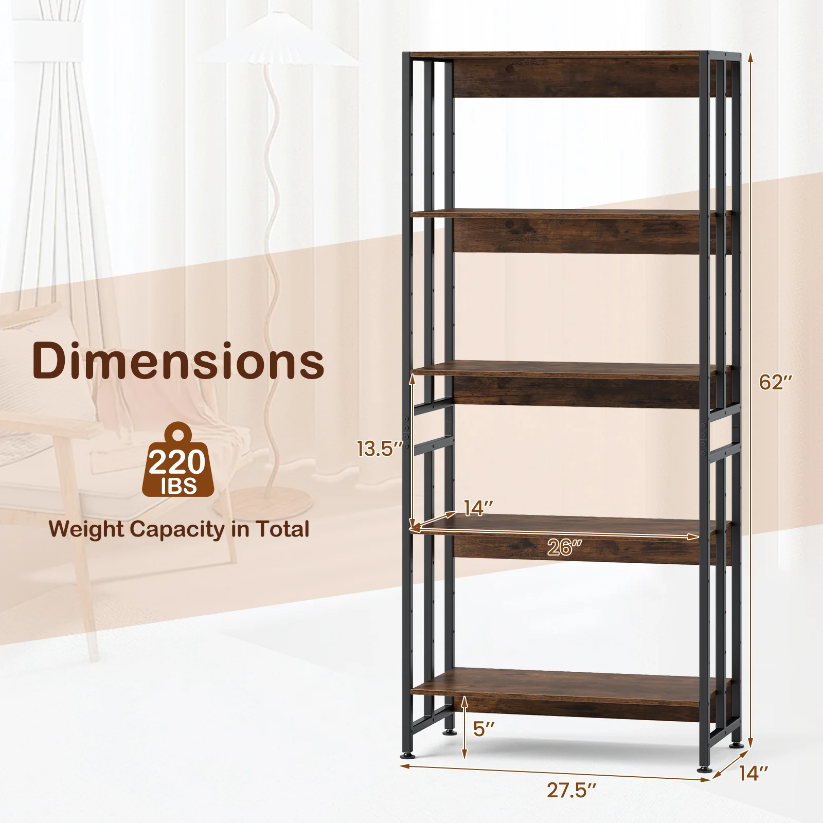 5-Tier Bookshelf, Adjustable Tiltable Shelves, Rustic Brown - Image 6