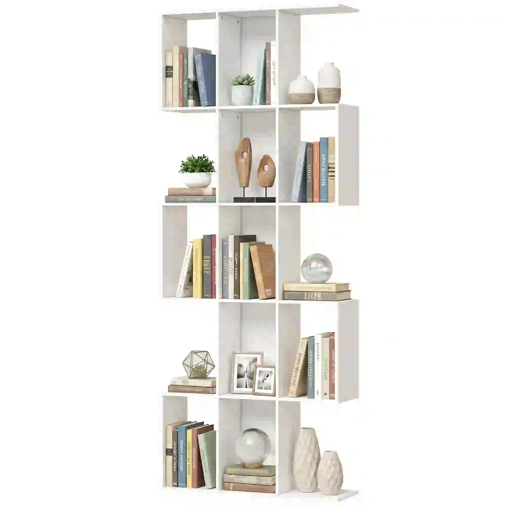 5-Tier Bookshelf, S Shaped Geometric Bookcase, White Wood Grain, White
