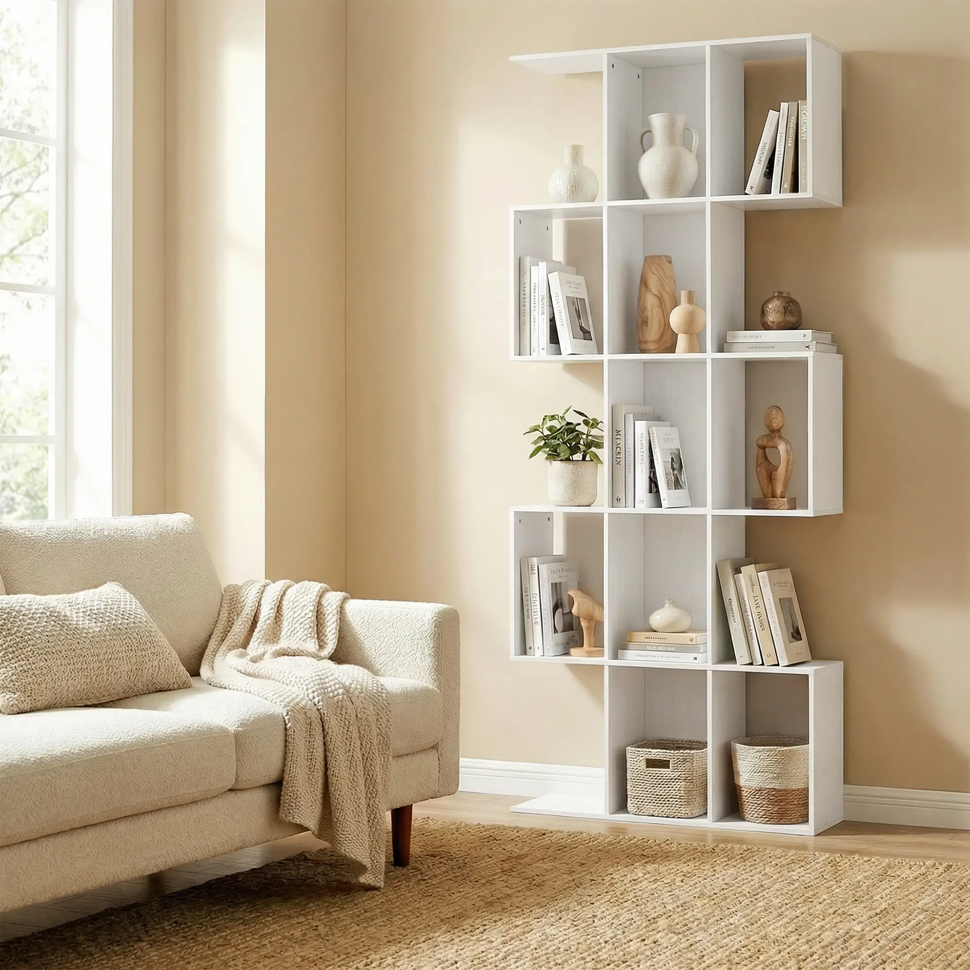 5-Tier Bookshelf, S Shaped Geometric Bookcase, White Wood Grain, White - Image 10