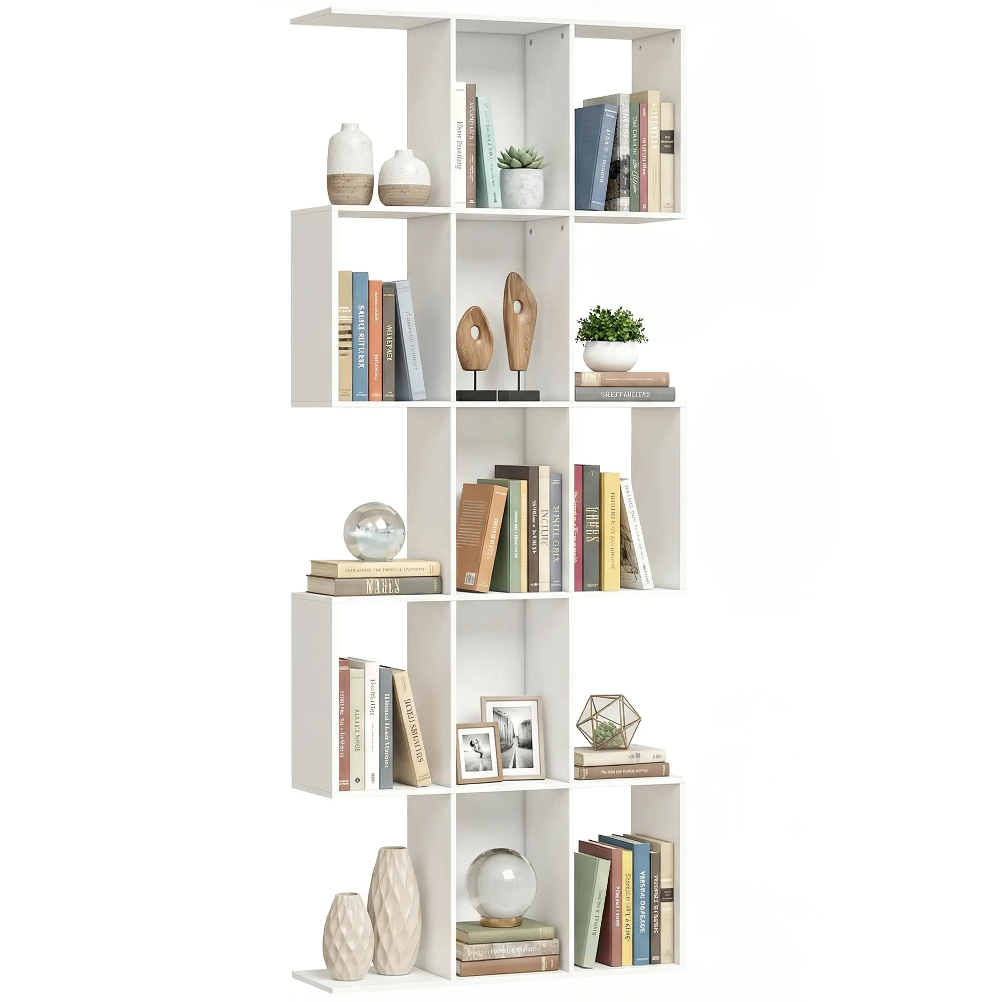 5-Tier Bookshelf, S Shaped Geometric Bookcase, White Wood Grain, White - Image 11