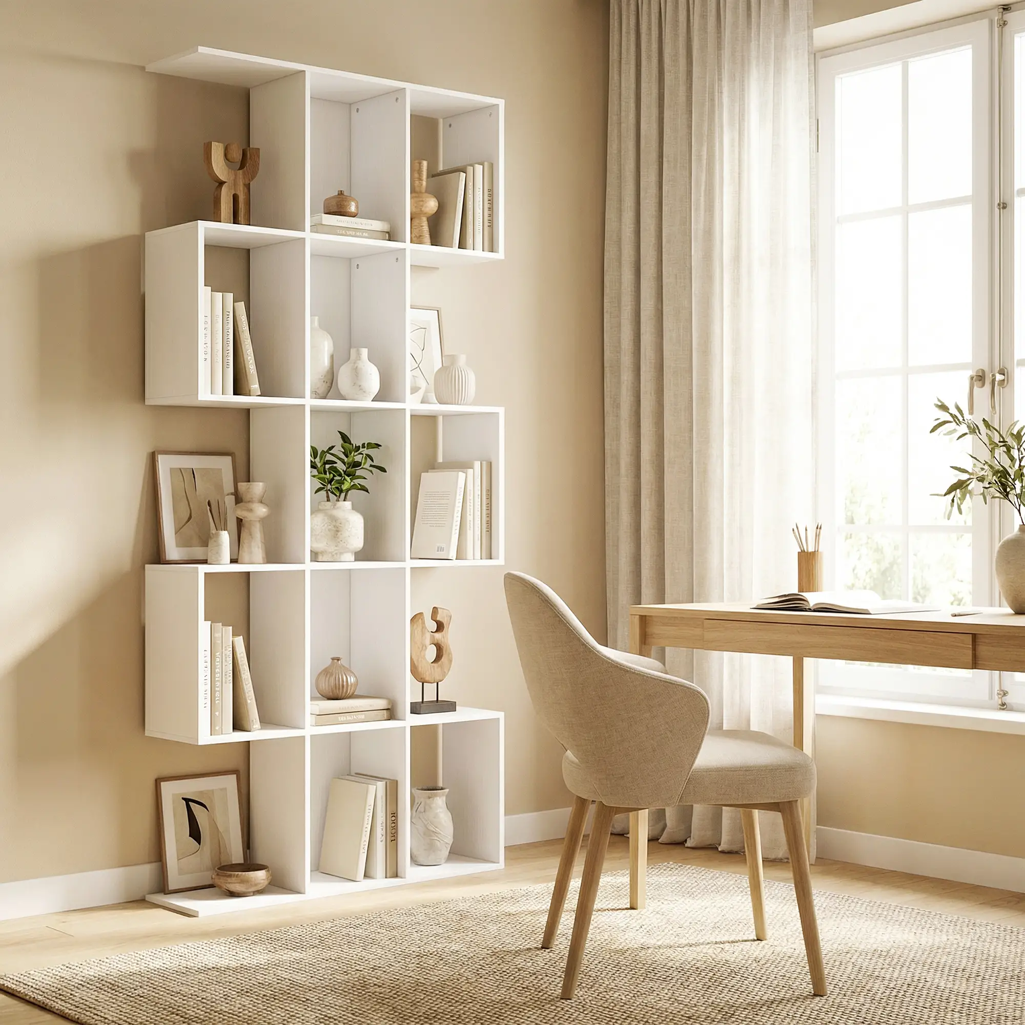 5-Tier Bookshelf, S Shaped Geometric Bookcase, White Wood Grain, White - Image 2