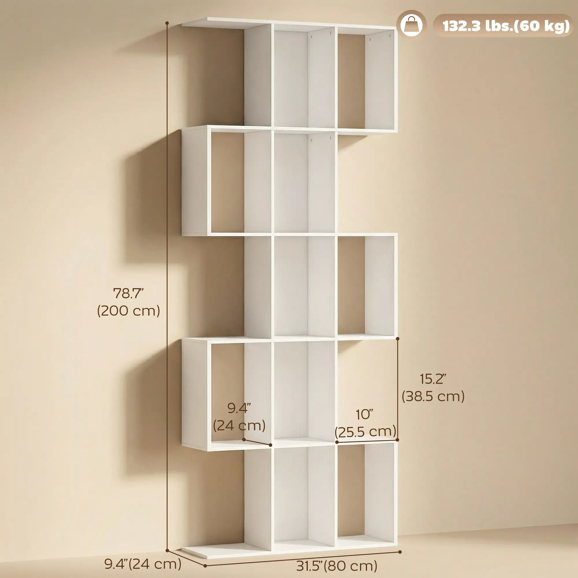 5-Tier Bookshelf, S Shaped Geometric Bookcase, White Wood Grain, White - Image 3