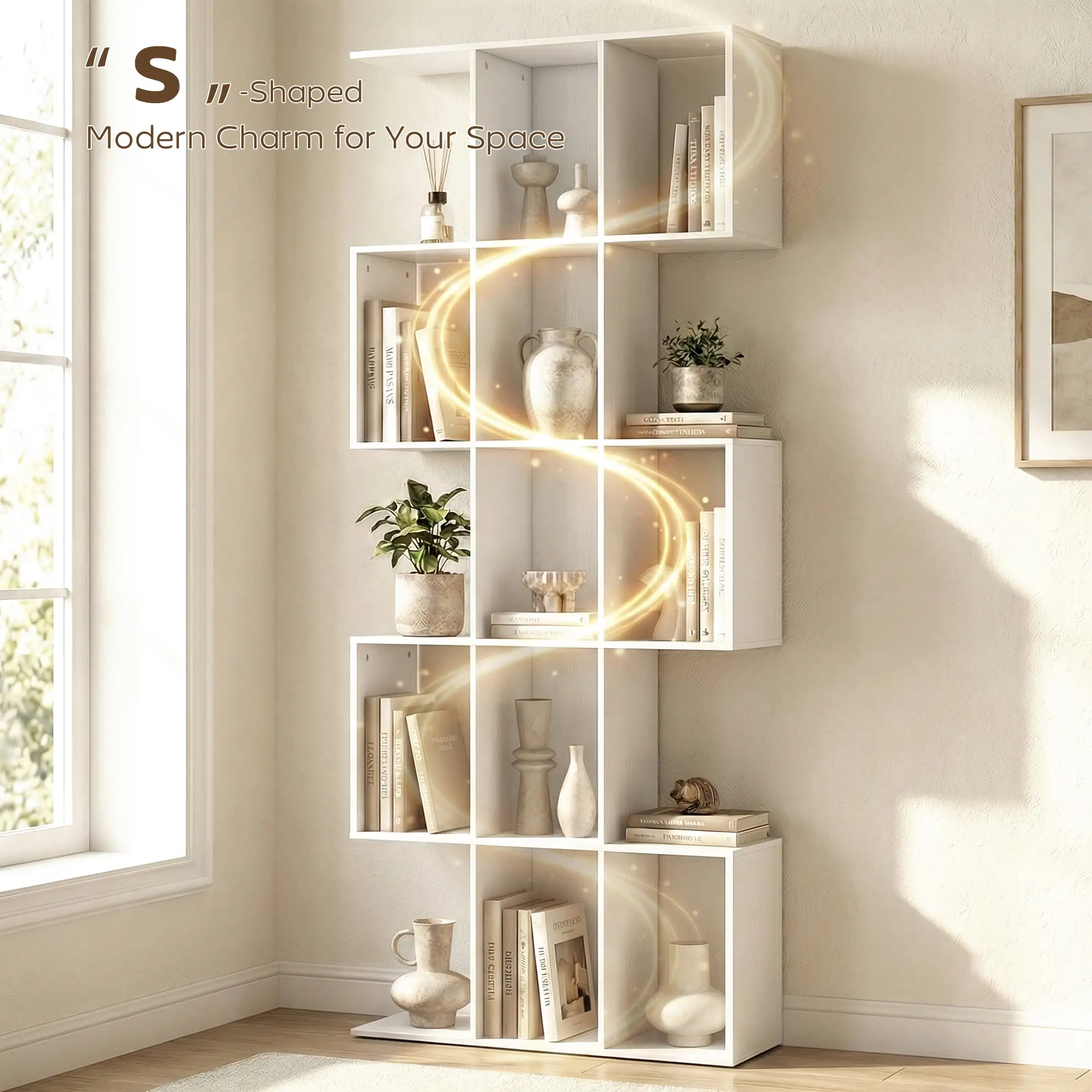 5-Tier Bookshelf, S Shaped Geometric Bookcase, White Wood Grain, White - Image 4