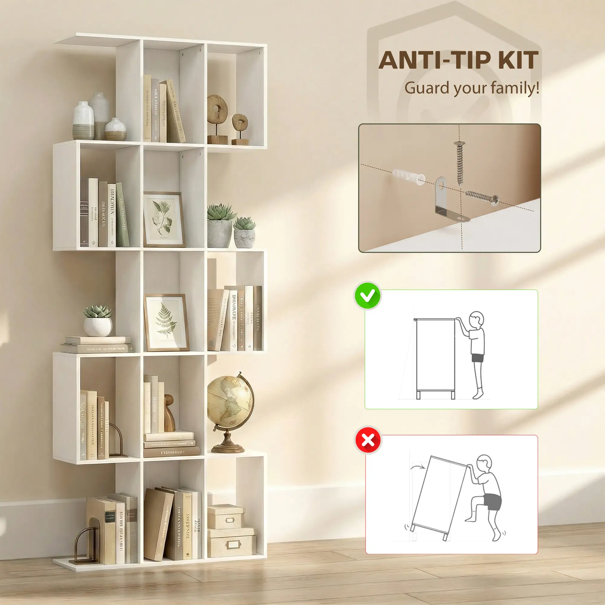 5-Tier Bookshelf, S Shaped Geometric Bookcase, White Wood Grain, White - Image 7