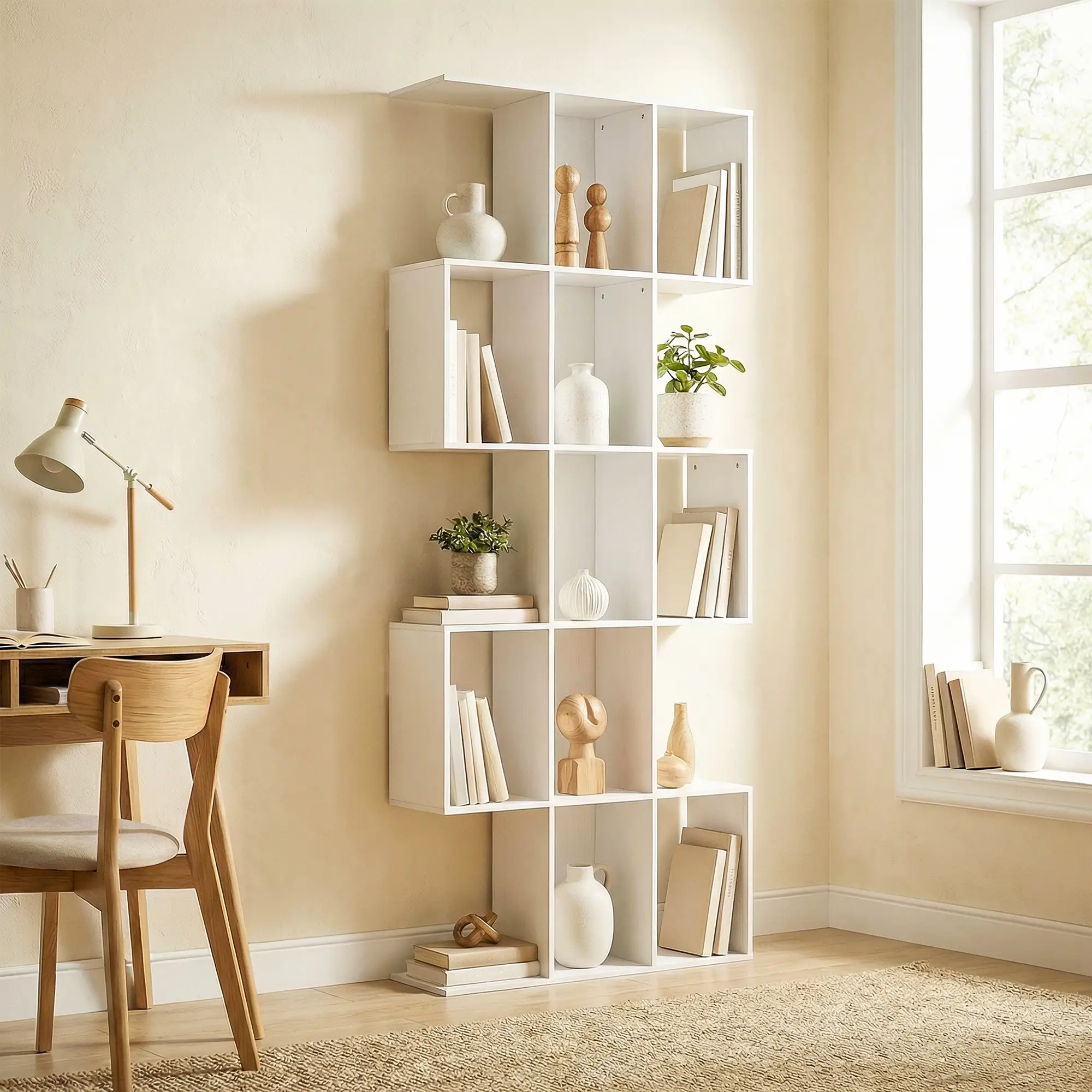 5-Tier Bookshelf, S Shaped Geometric Bookcase, White Wood Grain, White - Image 8