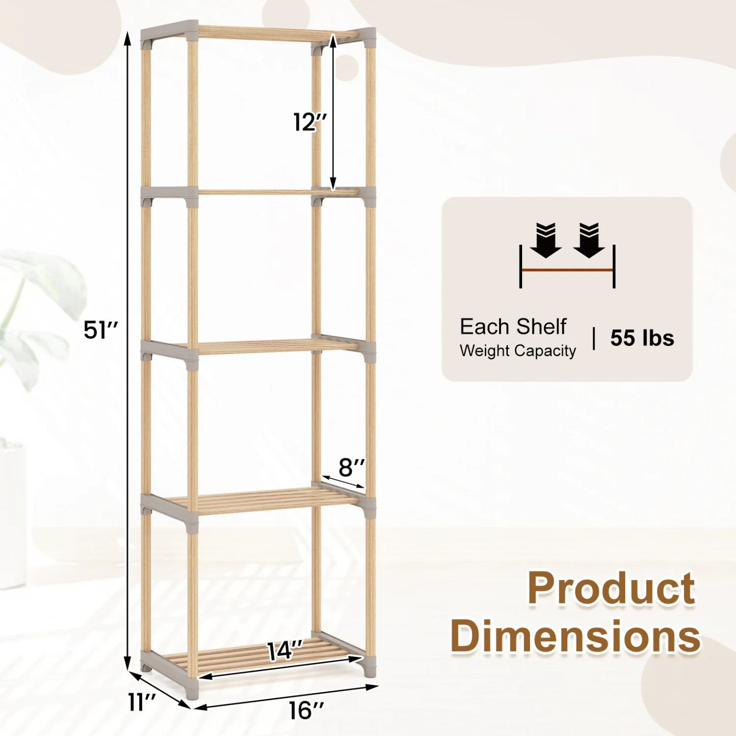 5-Tier Bookshelf With Open Shelves, Home Office And Bathroom - Image 6