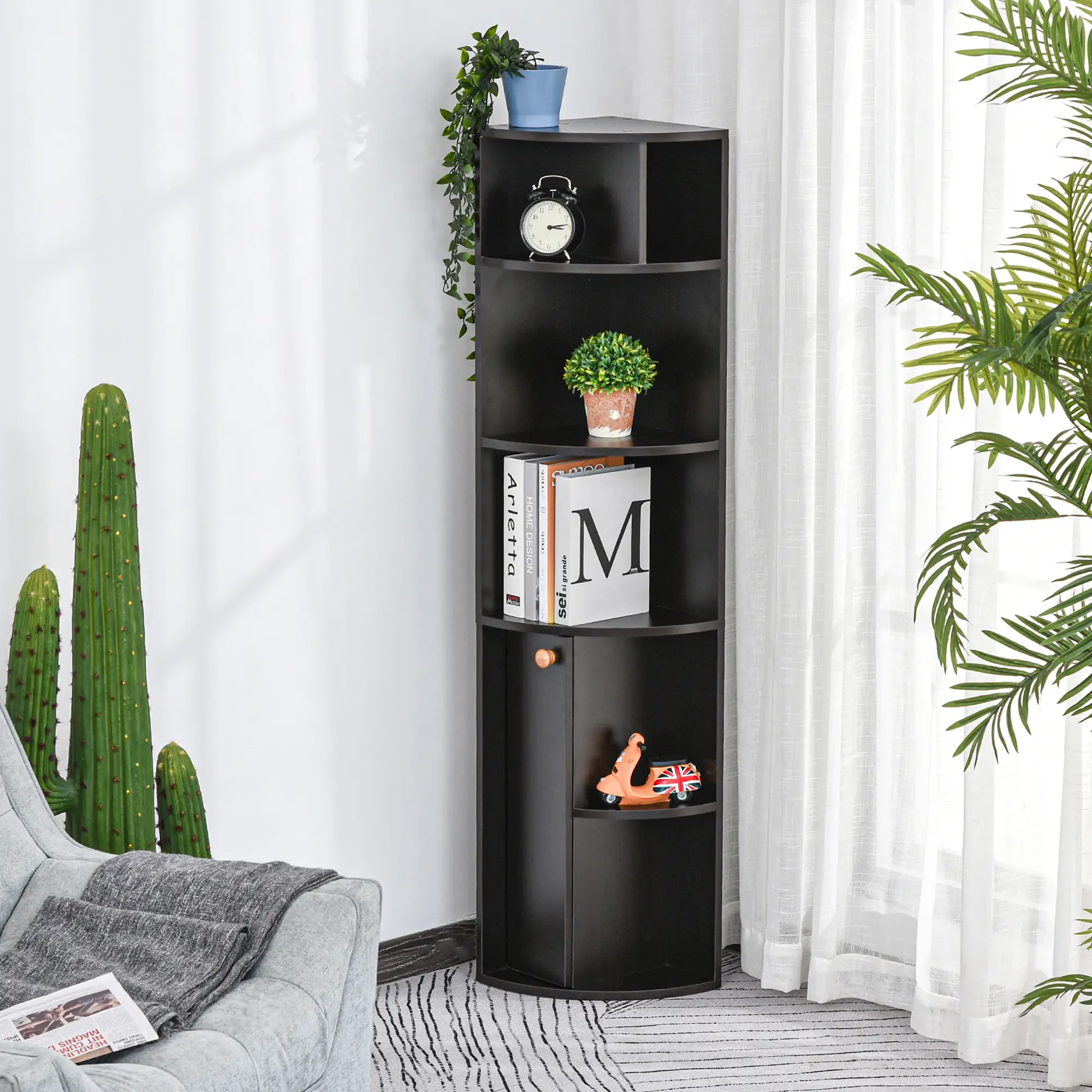 5-Tier Corner Bookcase, Storage Bookshelf, Open Compartments, Cabinet, Black - Image 2