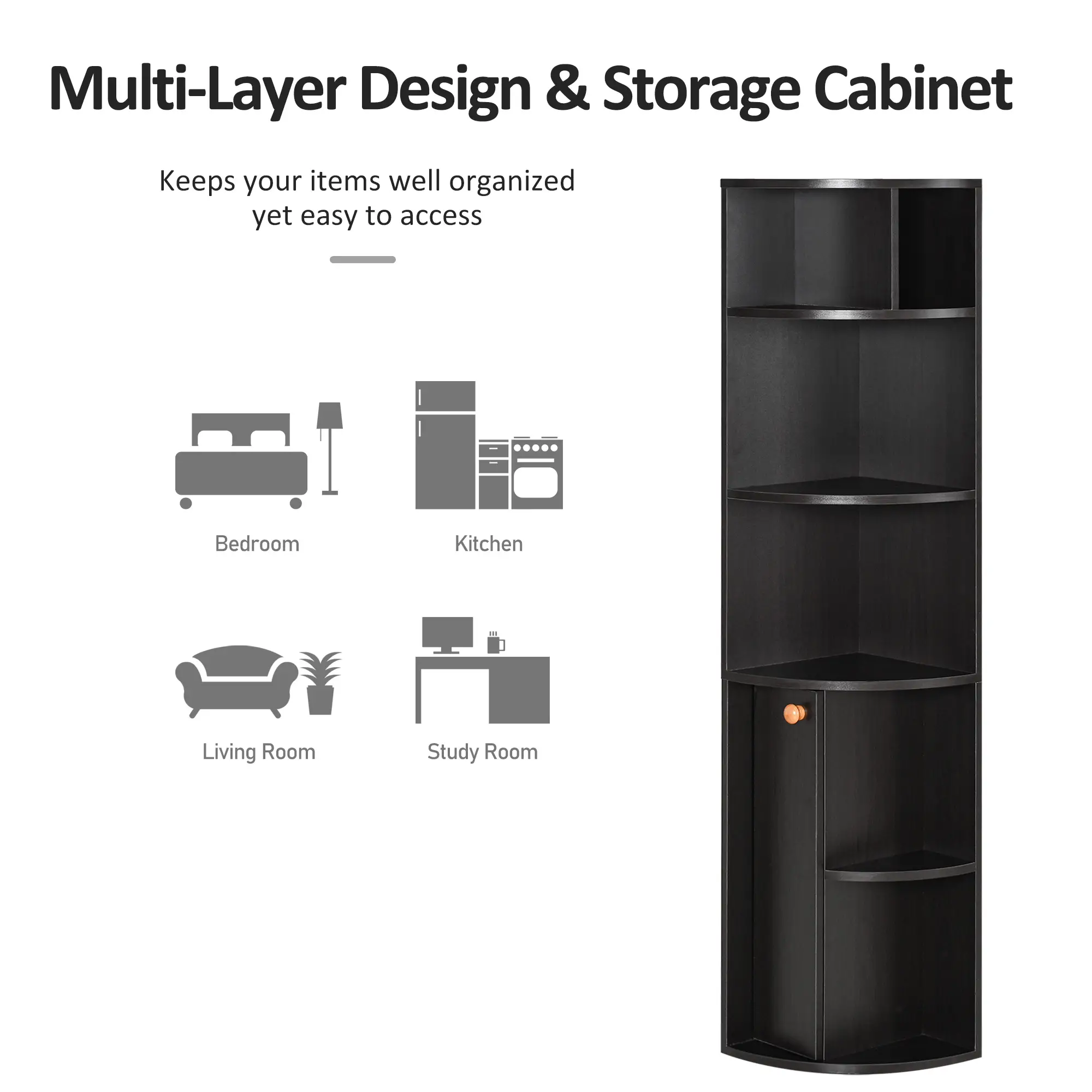 5-Tier Corner Bookcase, Storage Bookshelf, Open Compartments, Cabinet, Black - Image 4