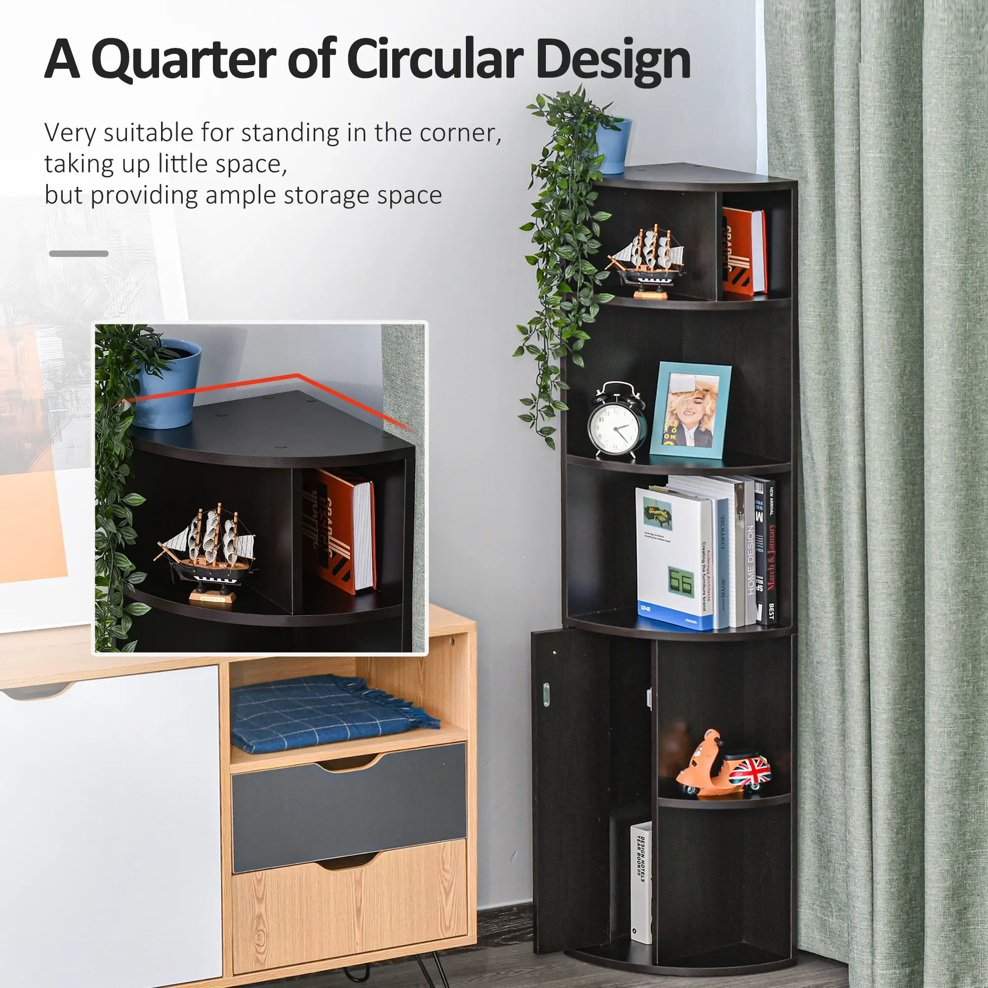 5-Tier Corner Bookcase, Storage Bookshelf, Open Compartments, Cabinet, Black - Image 5
