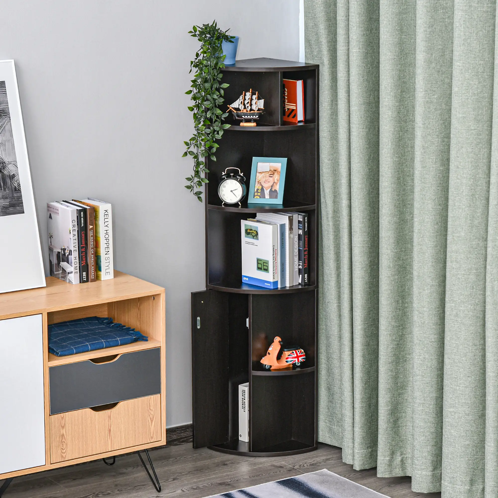 5-Tier Corner Bookcase, Storage Bookshelf, Open Compartments, Cabinet, Black - Image 6
