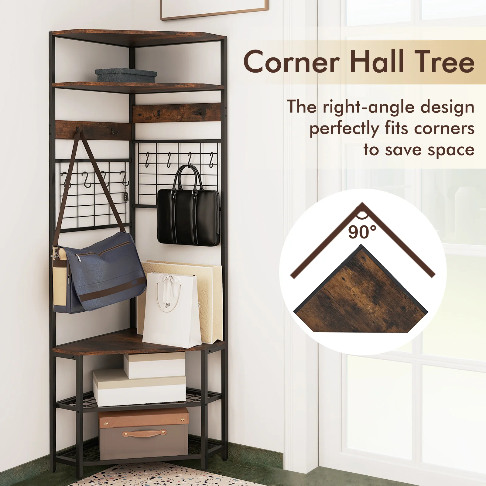 5-Tier Corner Hall Tree, Shoe Storage Bench, Brown - Image 10
