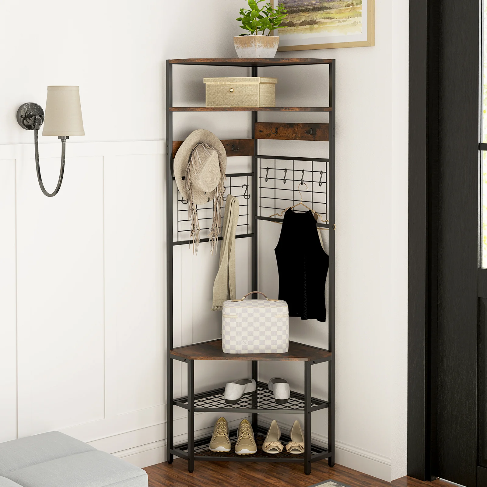 5-Tier Corner Hall Tree, Shoe Storage Bench, Brown - Image 2