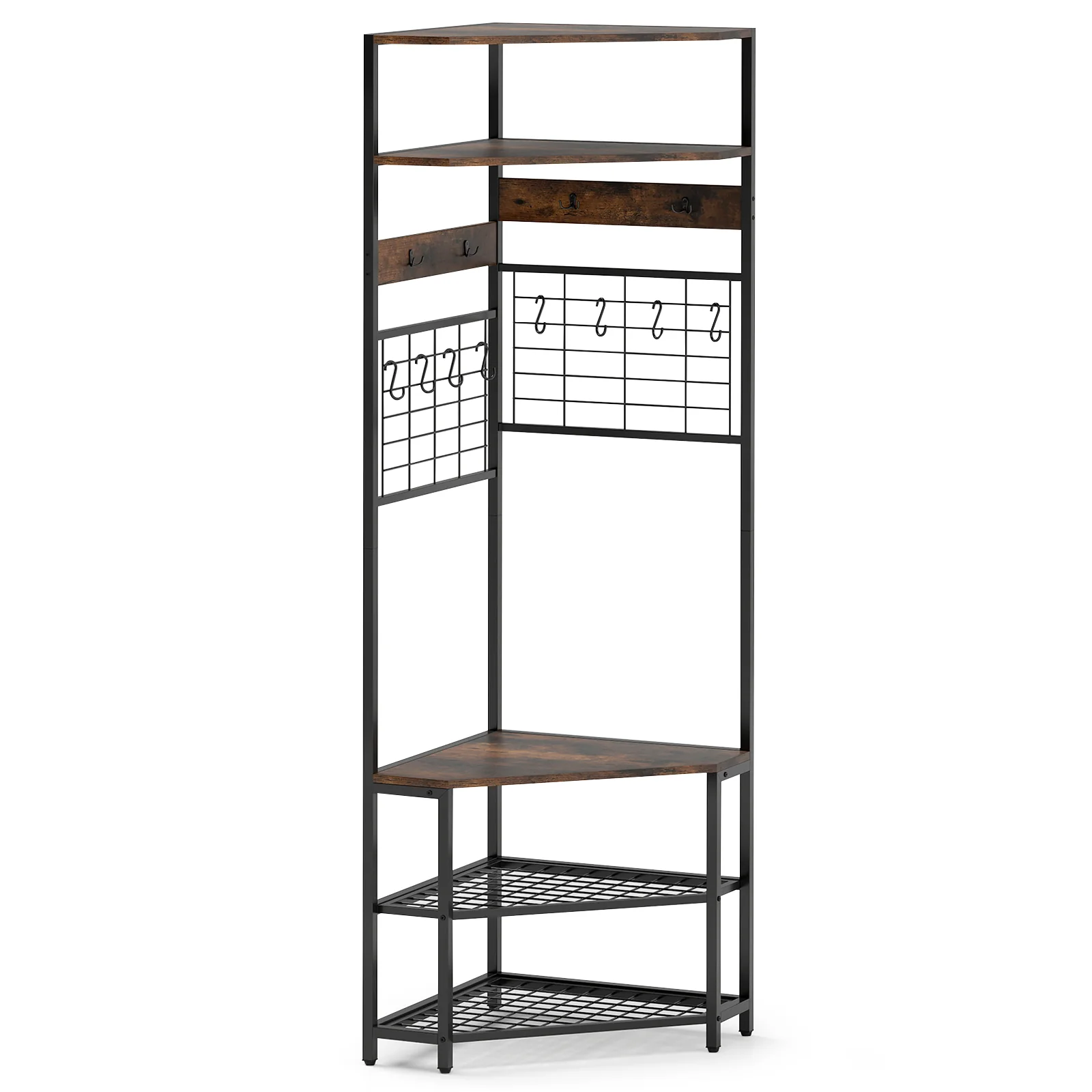5-Tier Corner Hall Tree, Shoe Storage Bench, Brown - Image 4