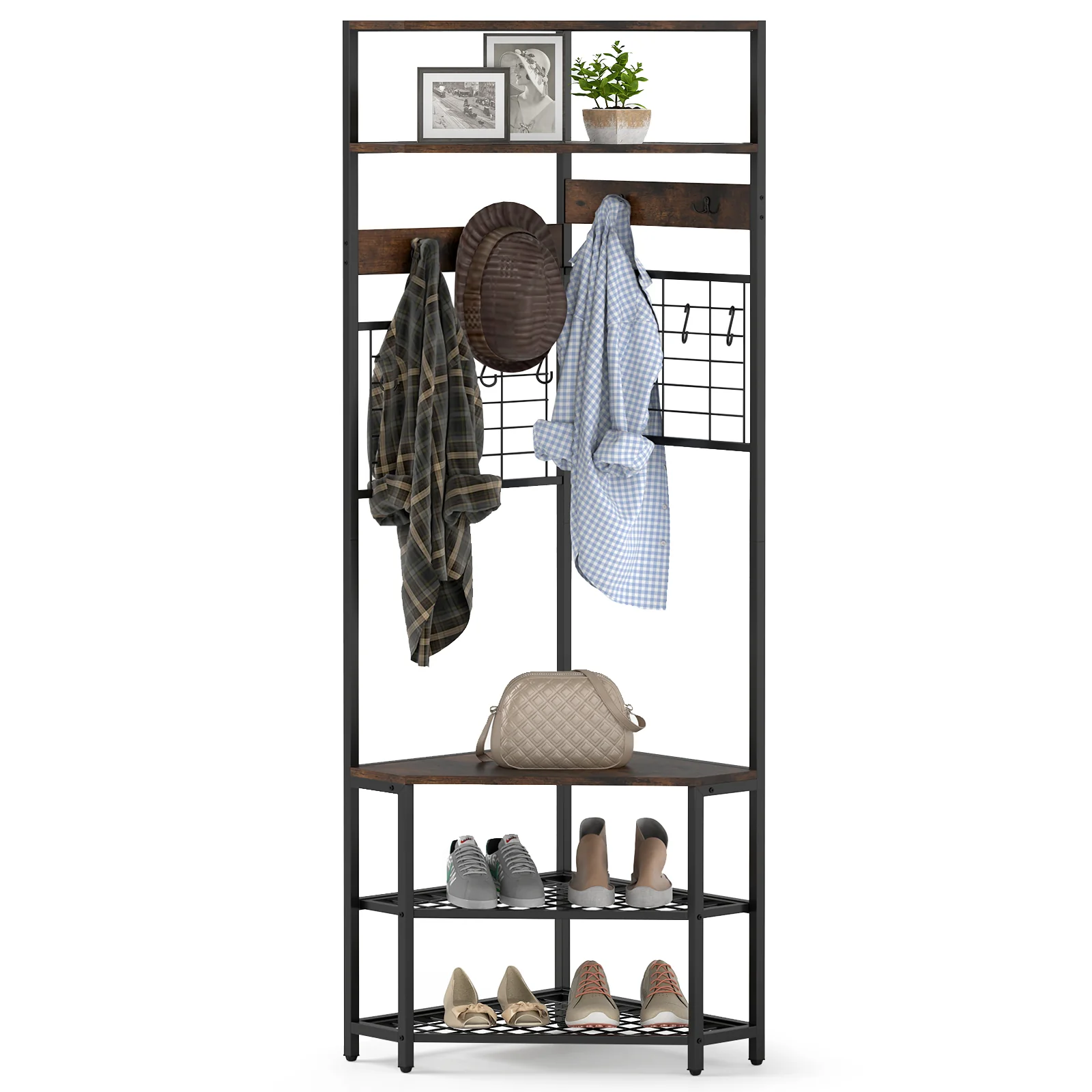 5-Tier Corner Hall Tree, Shoe Storage Bench, Brown - Image 5