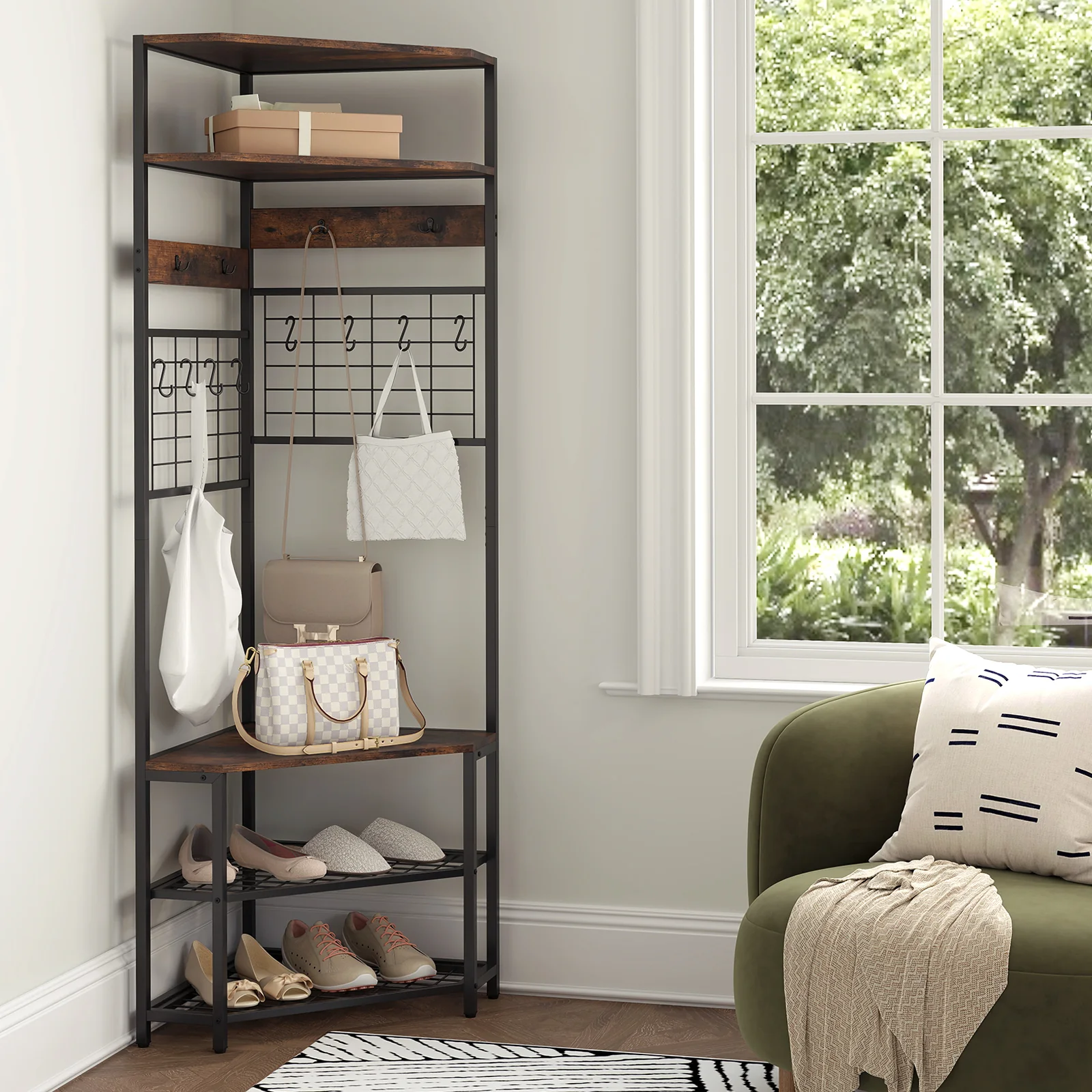 5-Tier Corner Hall Tree, Shoe Storage Bench, Brown - Image 7