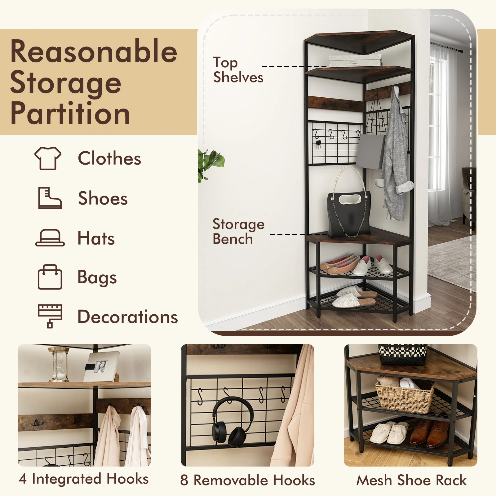 5-Tier Corner Hall Tree, Shoe Storage Bench, Brown - Image 9