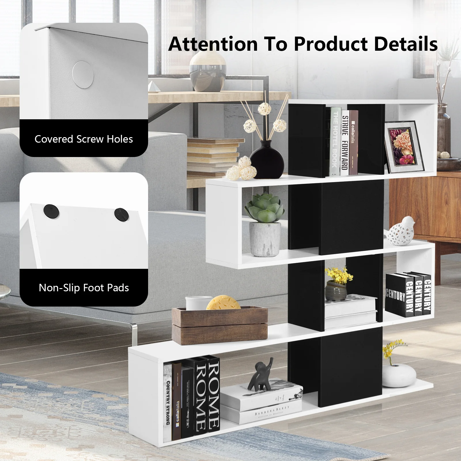 5-Tier Corner Ladder Bookcase With Storage Rack, White, Black - Image 10