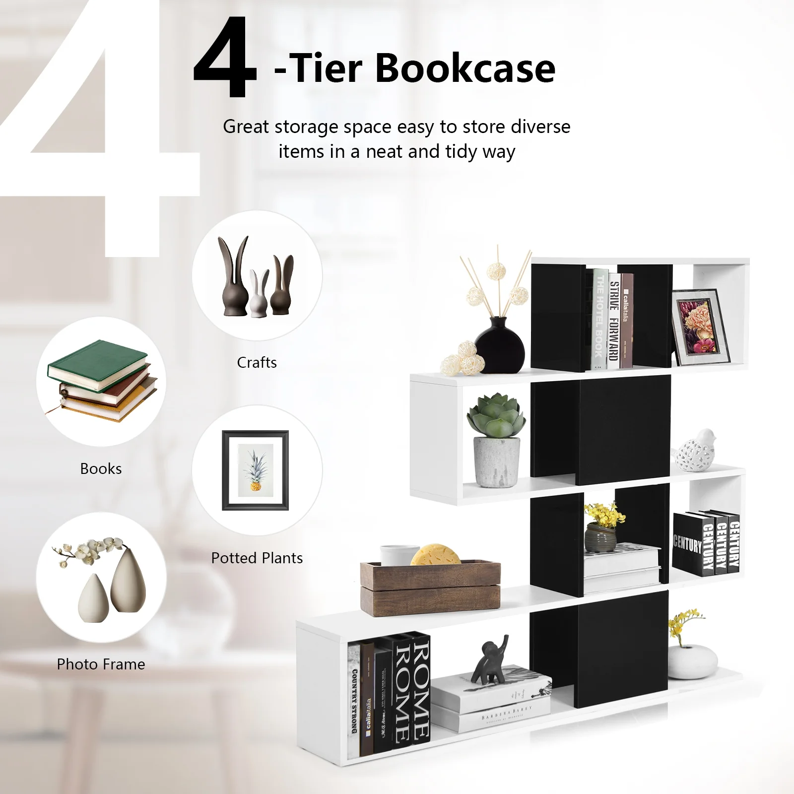 5-Tier Corner Ladder Bookcase With Storage Rack, White, Black - Image 6