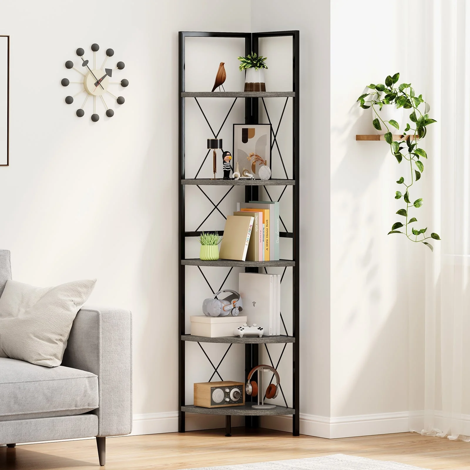 5-Tier Corner Shelf, 63 Inch Tall, Oak Storage Rack - Image 2