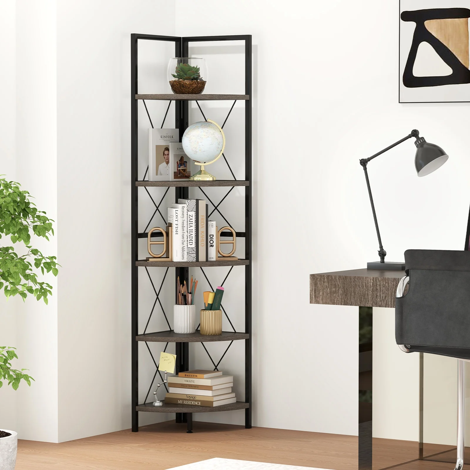 5-Tier Corner Shelf, 63 Inch Tall, Oak Storage Rack - Image 3