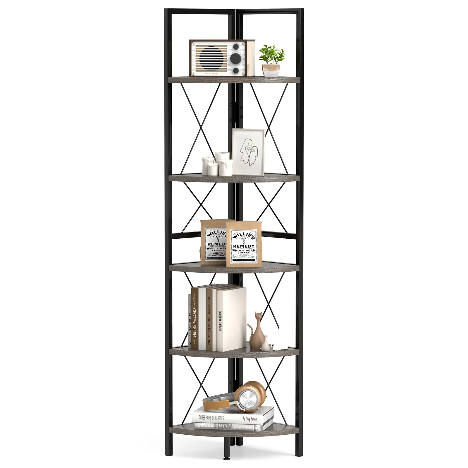 5-Tier Corner Shelf, 63 Inch Tall, Oak Storage Rack - Image 5