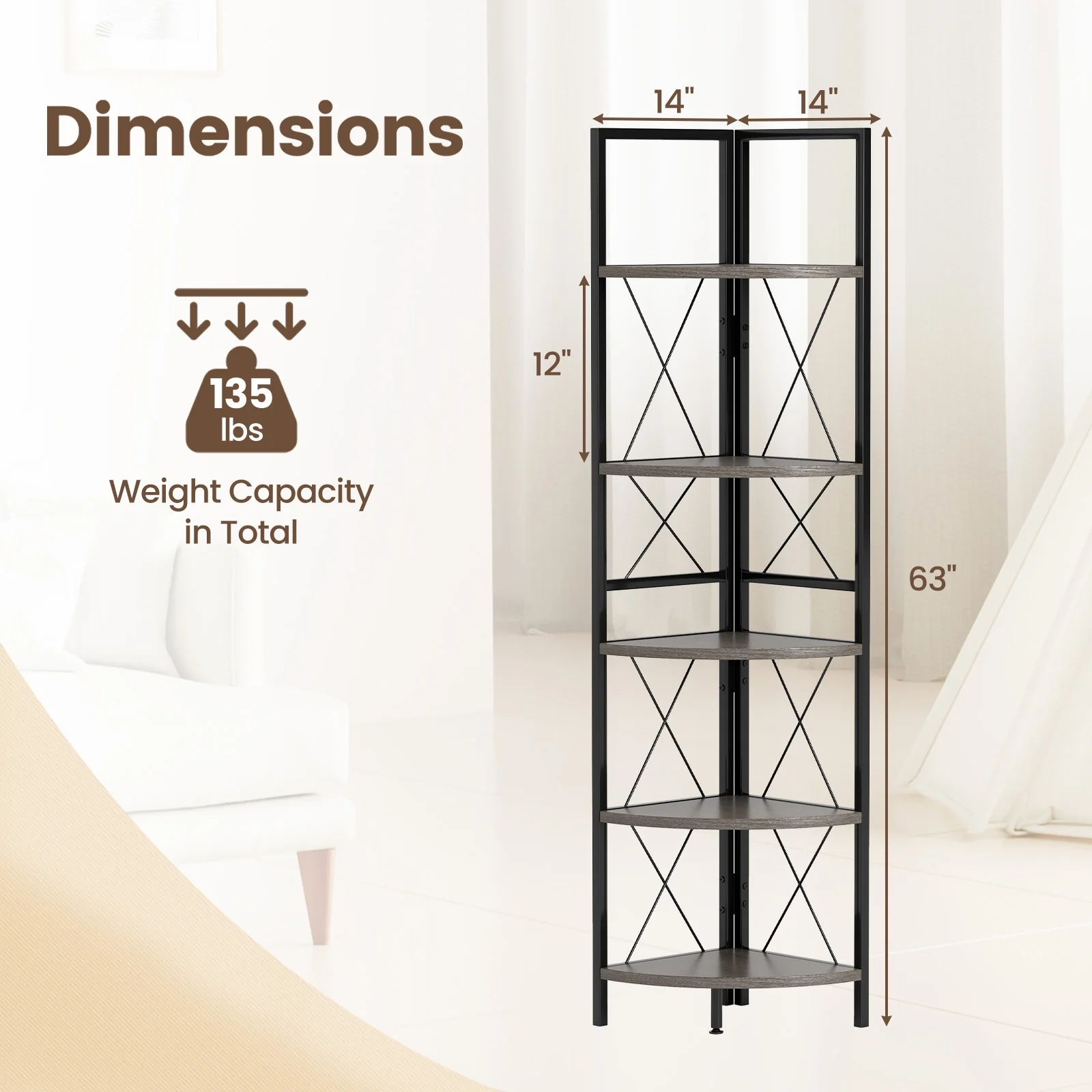 5-Tier Corner Shelf, 63 Inch Tall, Oak Storage Rack - Image 6