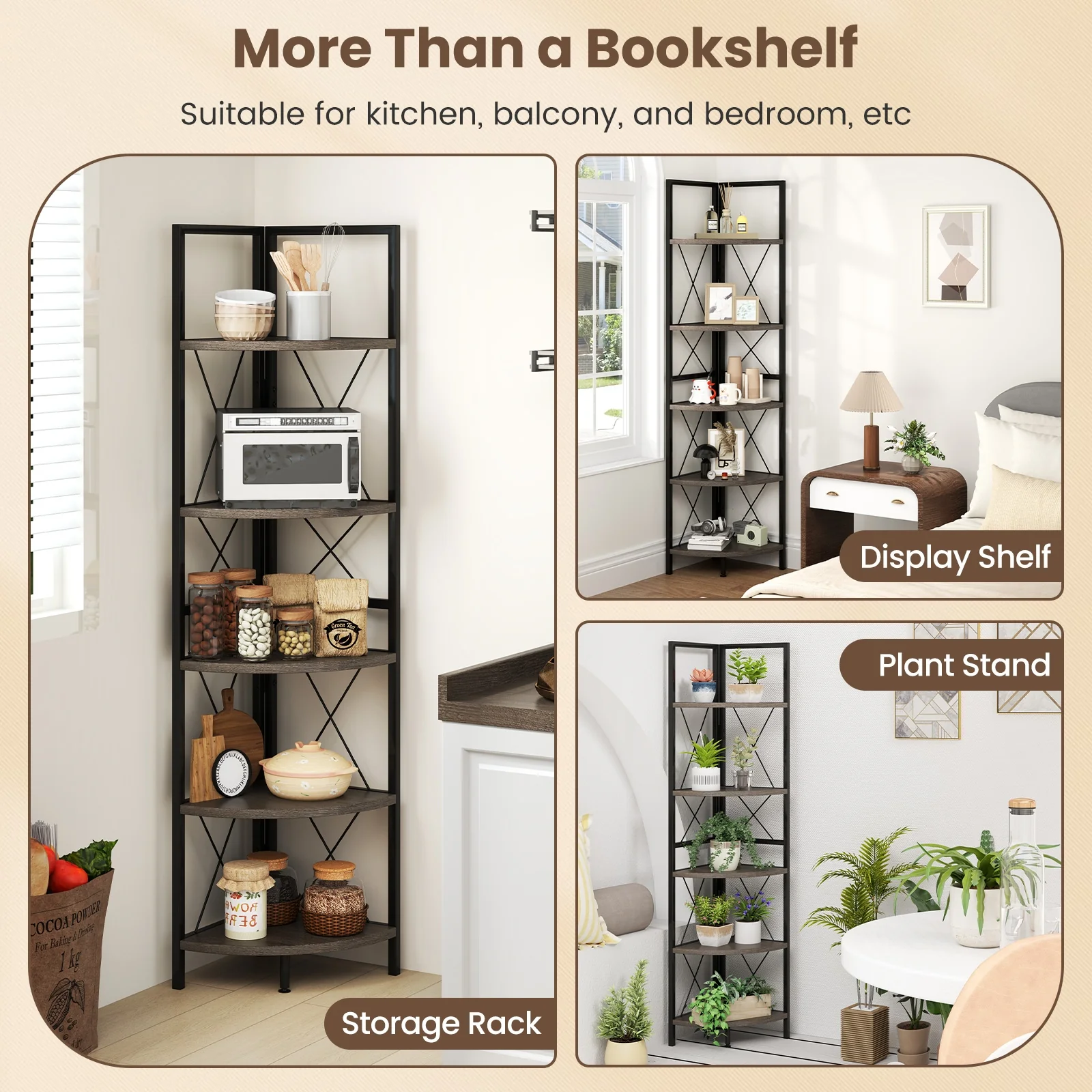 5-Tier Corner Shelf, 63 Inch Tall, Oak Storage Rack - Image 7