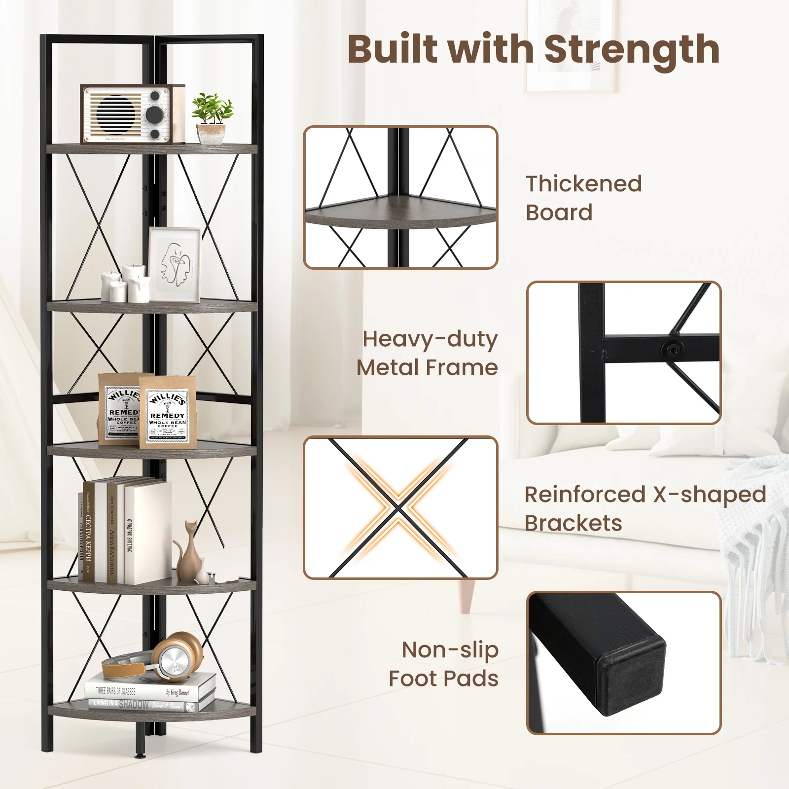 5-Tier Corner Shelf, 63 Inch Tall, Oak Storage Rack - Image 8