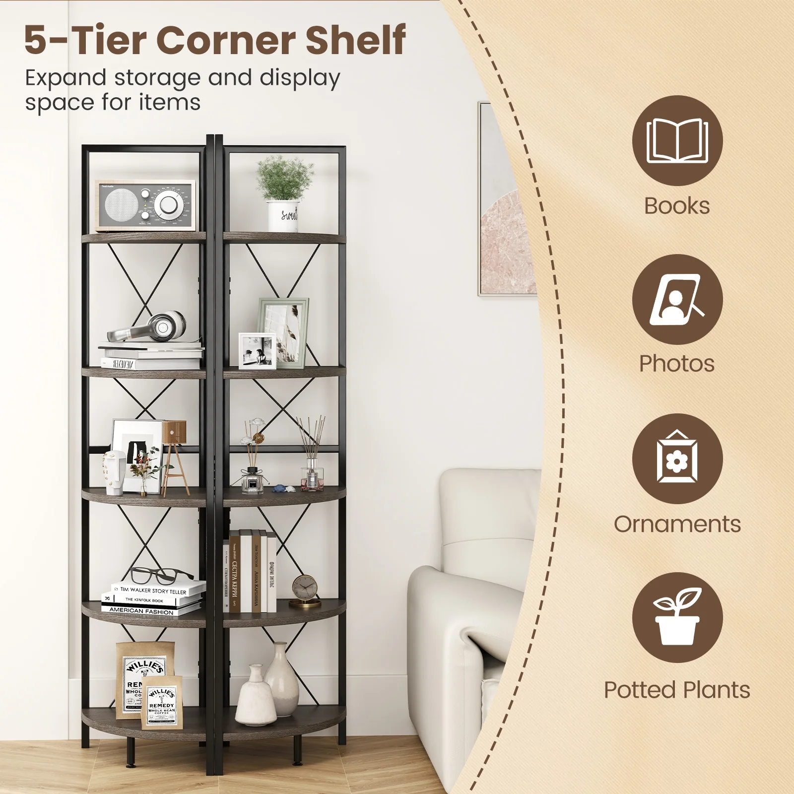 5-Tier Corner Shelf, 63 Inch Tall, Oak Storage Rack - Image 9