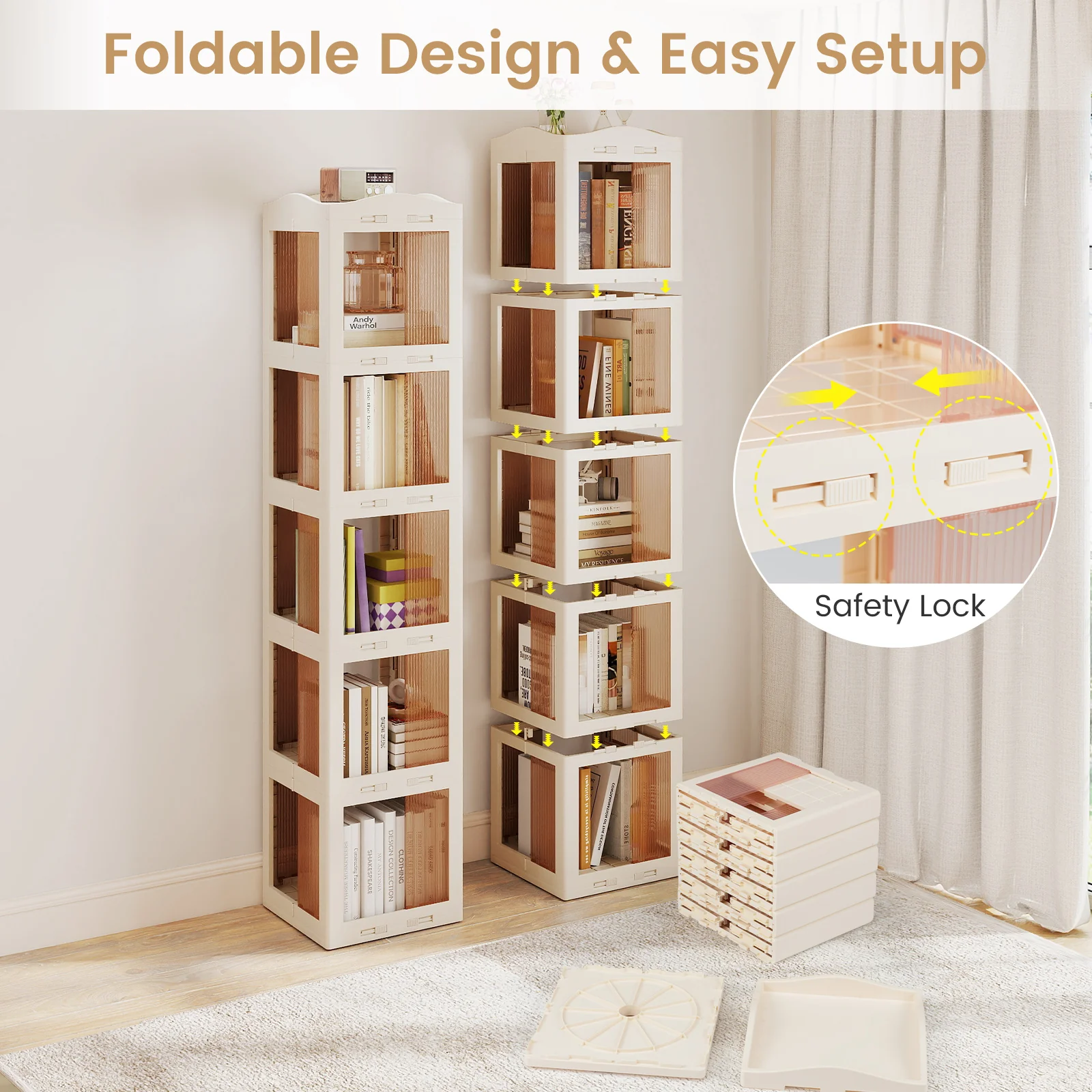 5-Tier Foldable Rotating Bookshelf 360° Spinning Bookcase with Swivel Base, White - Image 10