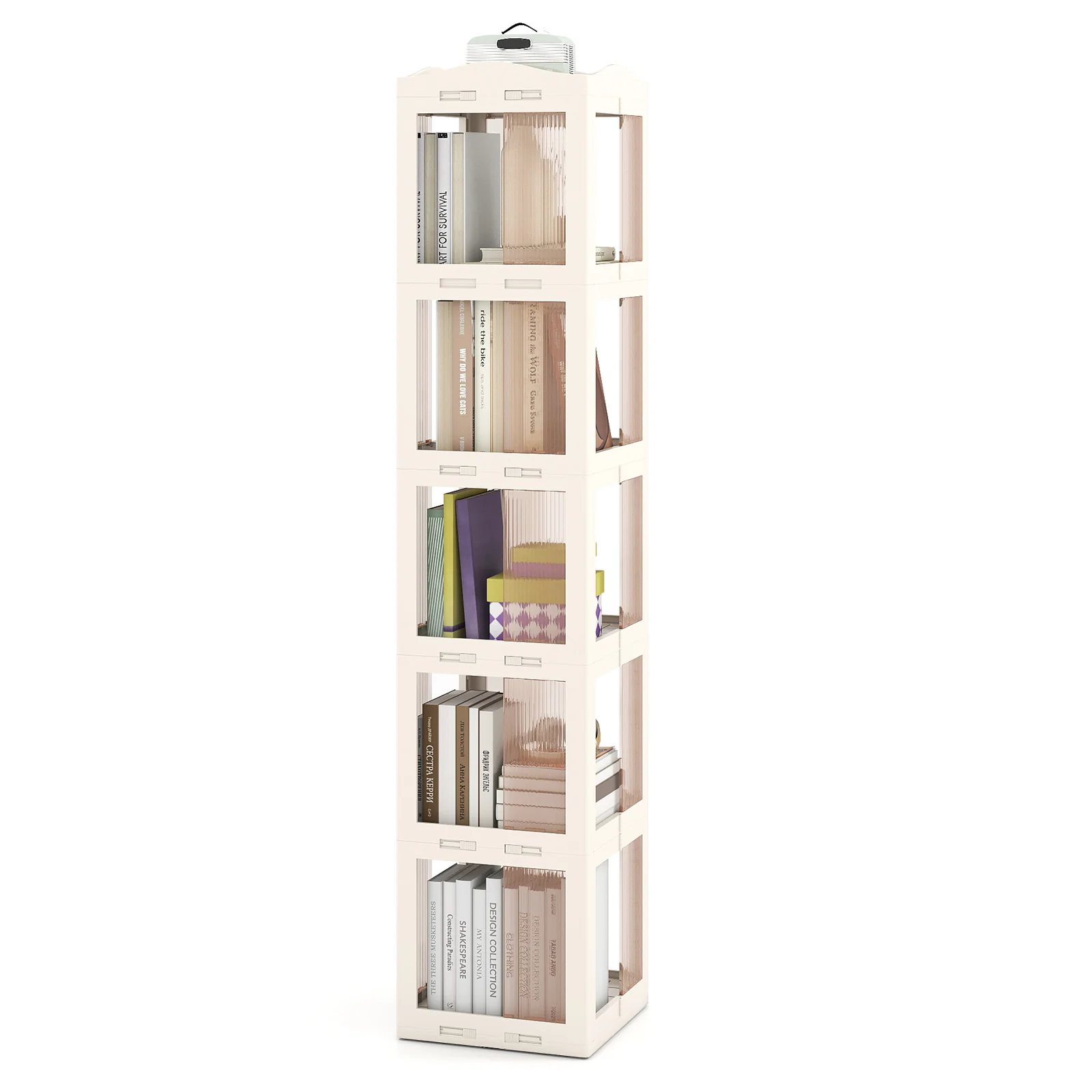 5-Tier Foldable Rotating Bookshelf 360° Spinning Bookcase with Swivel Base, White - Image 5
