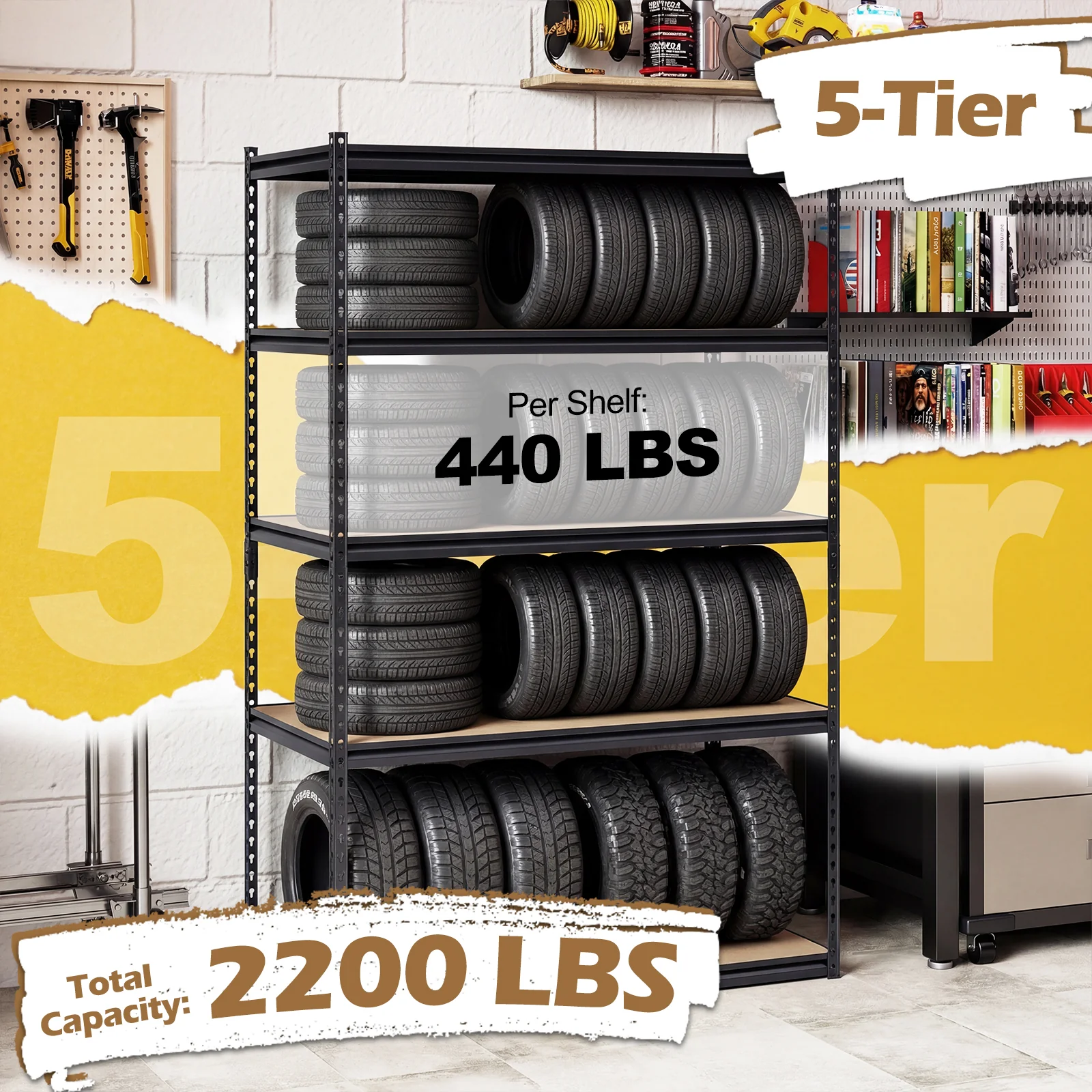 5-Tier Garage Shelving, 2200 LBS Heavy Duty Adjustable Utility Rack - Image 7